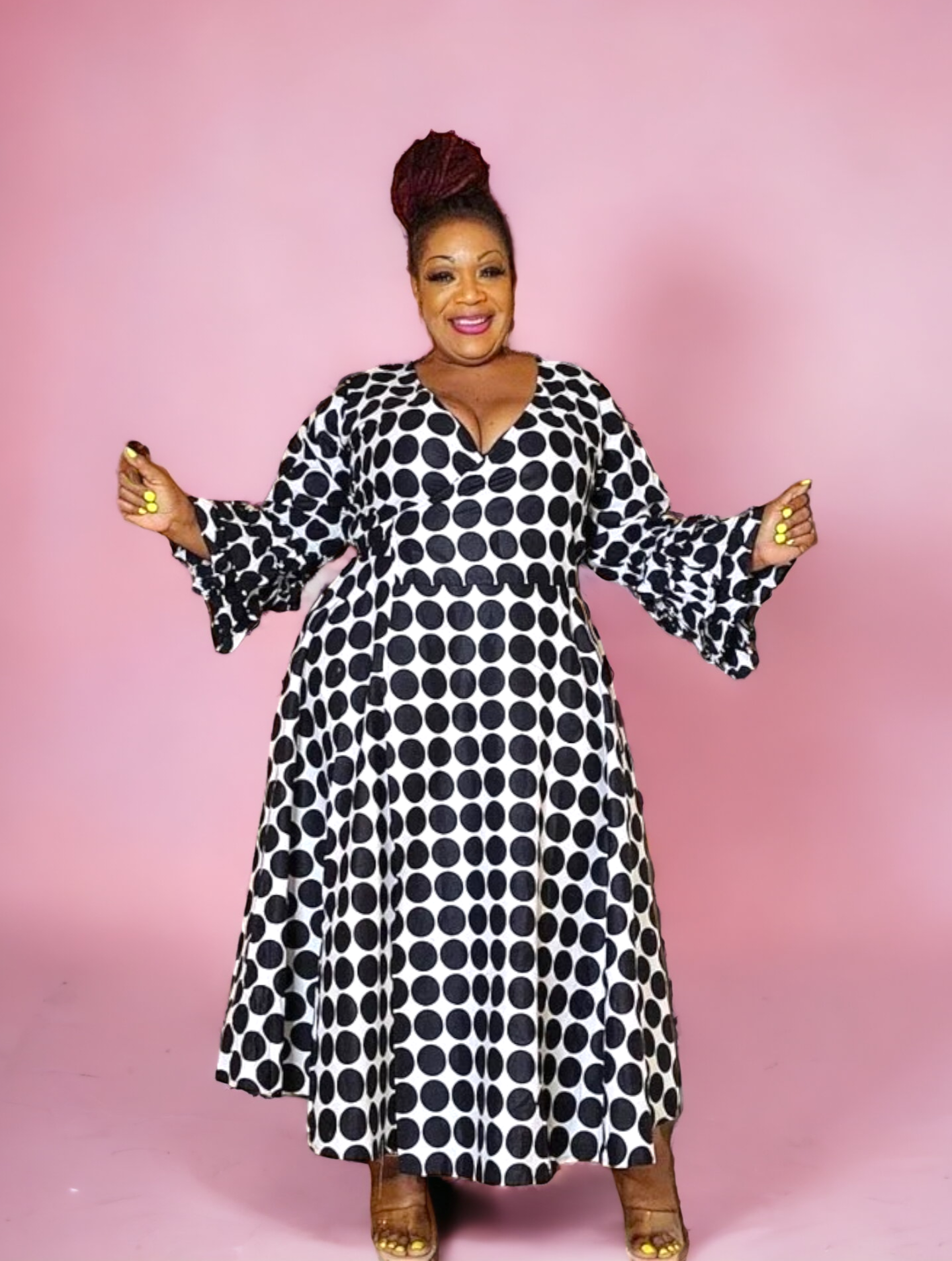 70-Woman's Long African Print Wrap Dress - Black/ White Polkadot