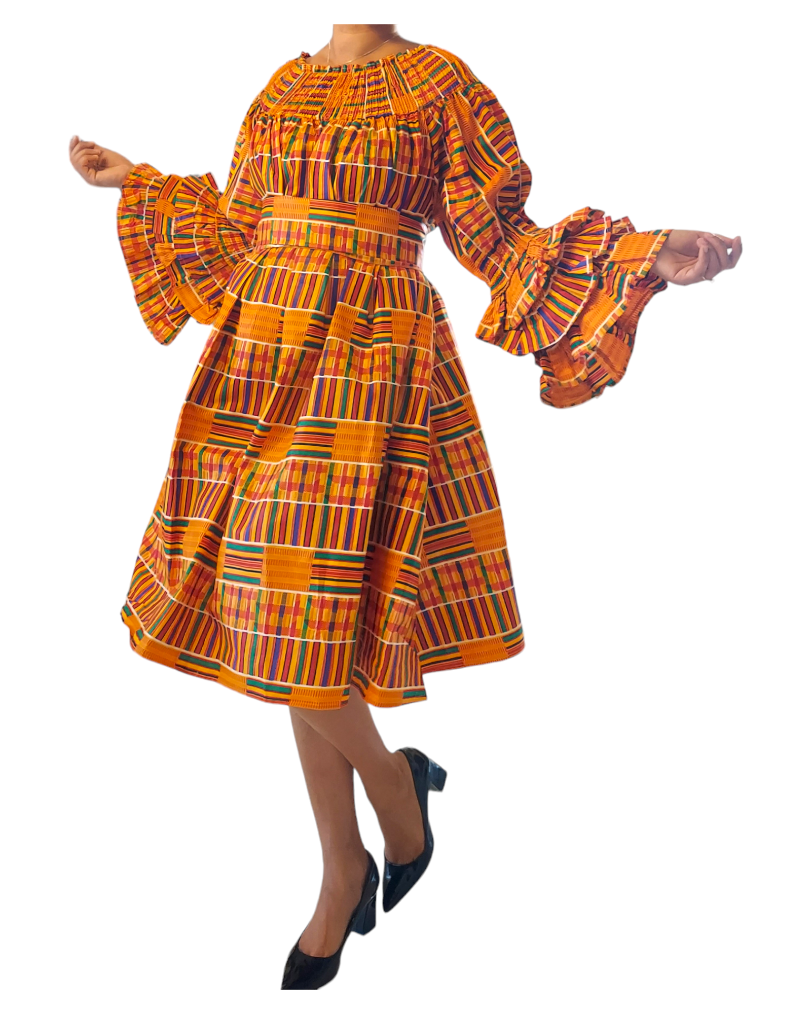 018- Women Middi Off Shoulder African Kente Dress - Orange