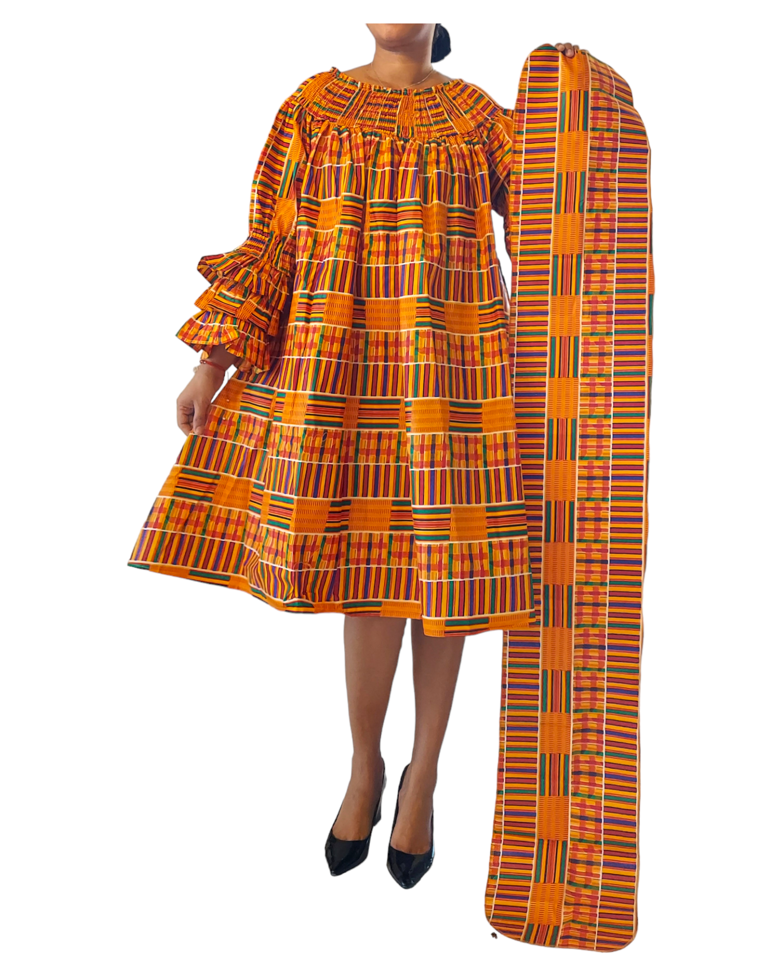 018- Women Middi Off Shoulder African Kente Dress - Orange