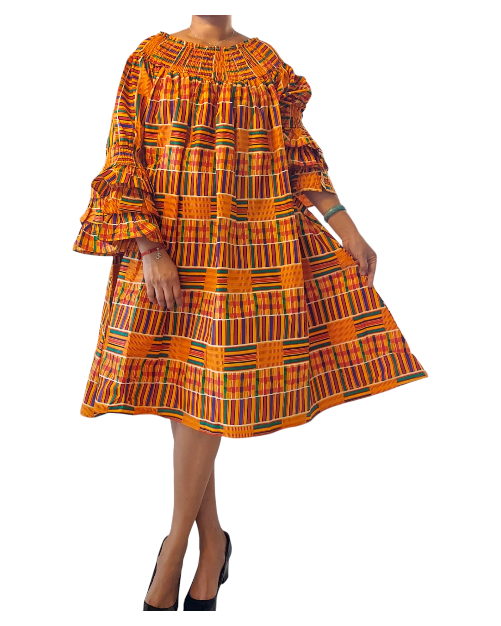 018- Women Middi Off Shoulder African Kente Dress - Orange