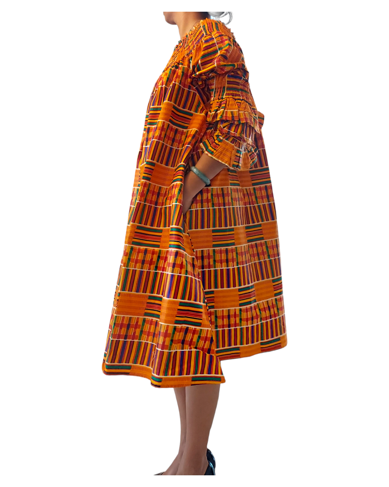 018- Women Middi Off Shoulder African Kente Dress - Orange