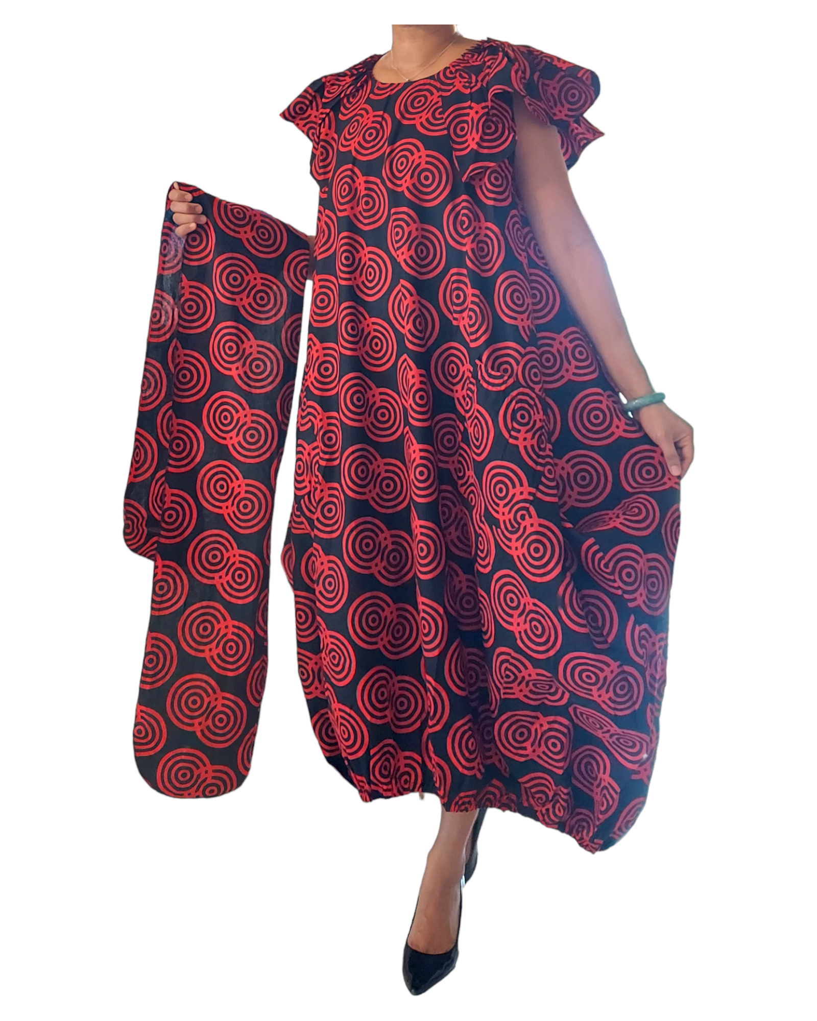 7745- Printed Ballon Dress- Red