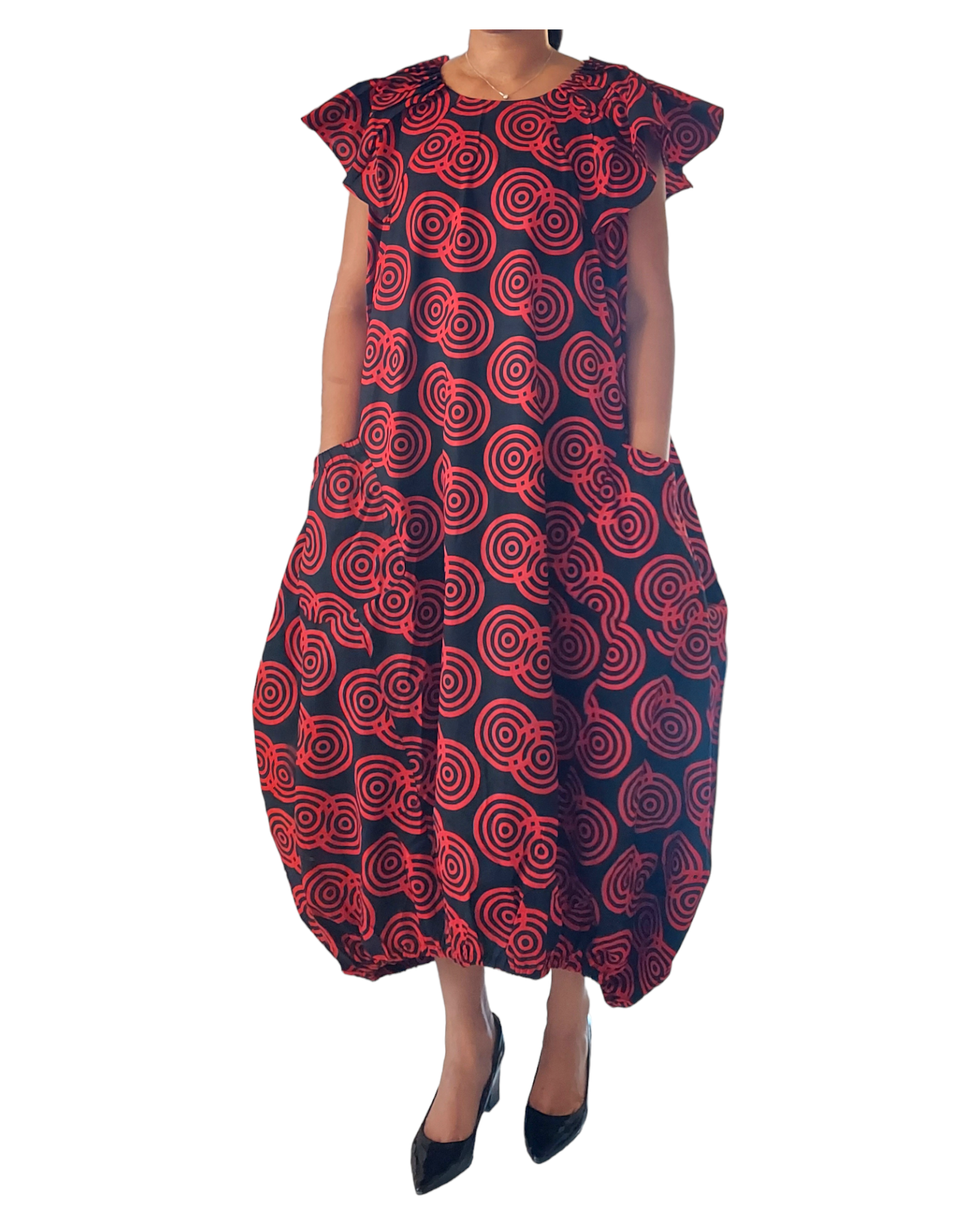 7745- Printed Ballon Dress- Red