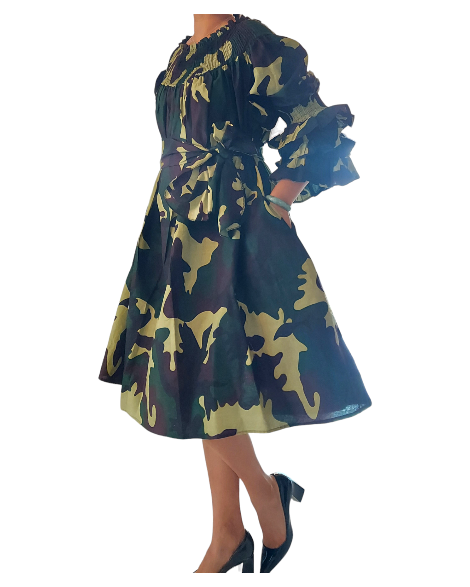 018- Women Middi Off Shoulder Dress - Green Camoflage