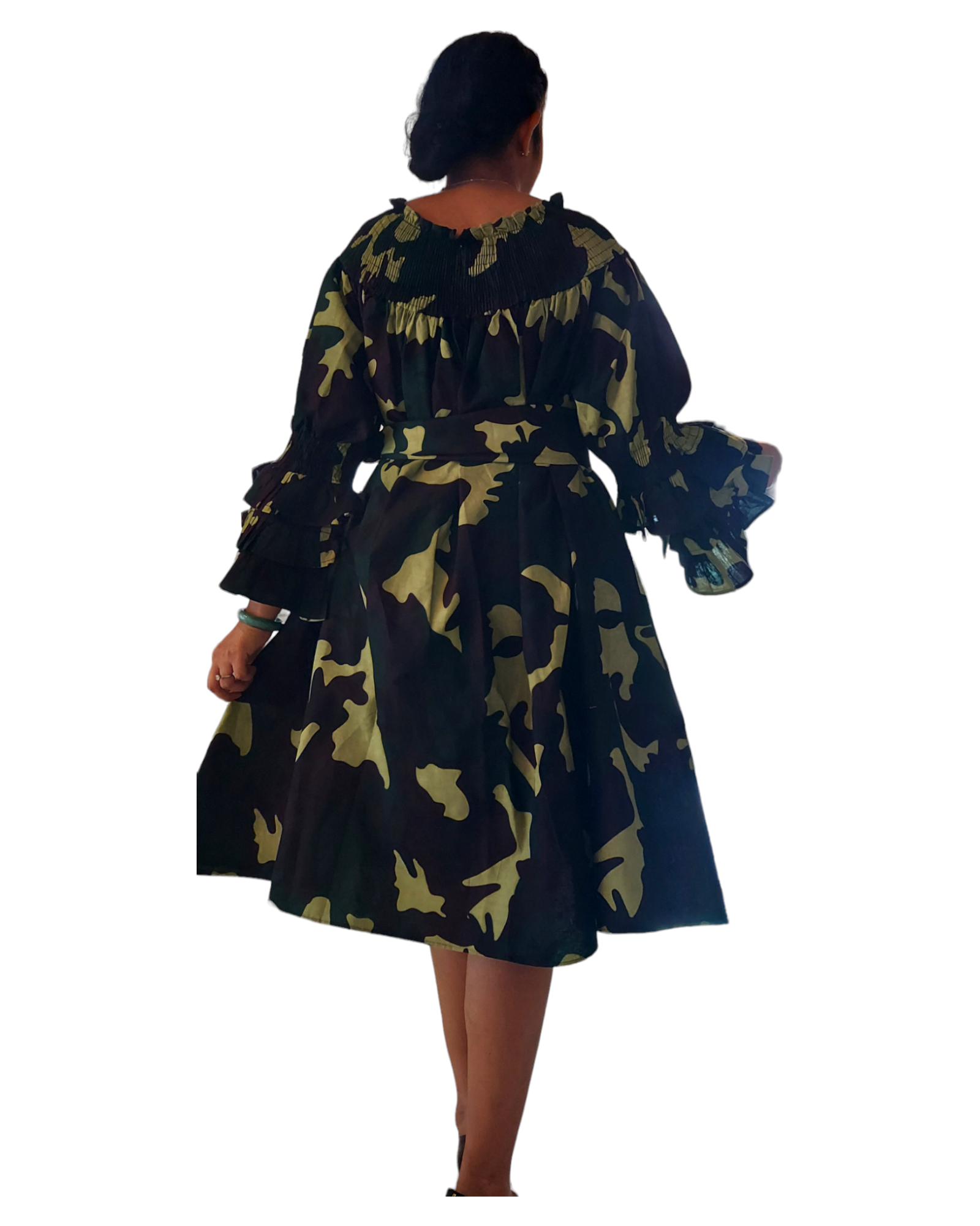 018- Women Middi Off Shoulder Dress - Green Camoflage