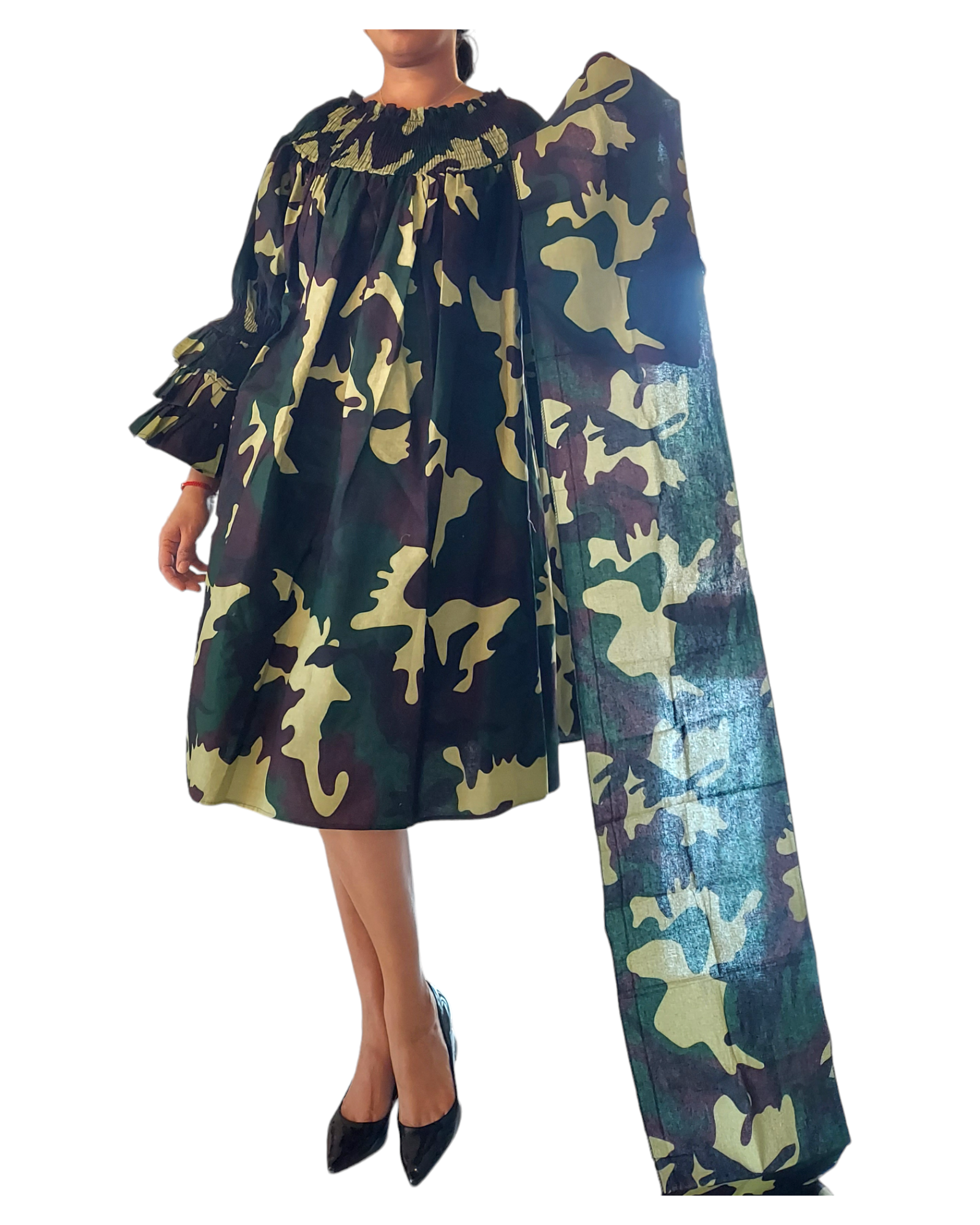 018- Women Middi Off Shoulder Dress - Green Camoflage