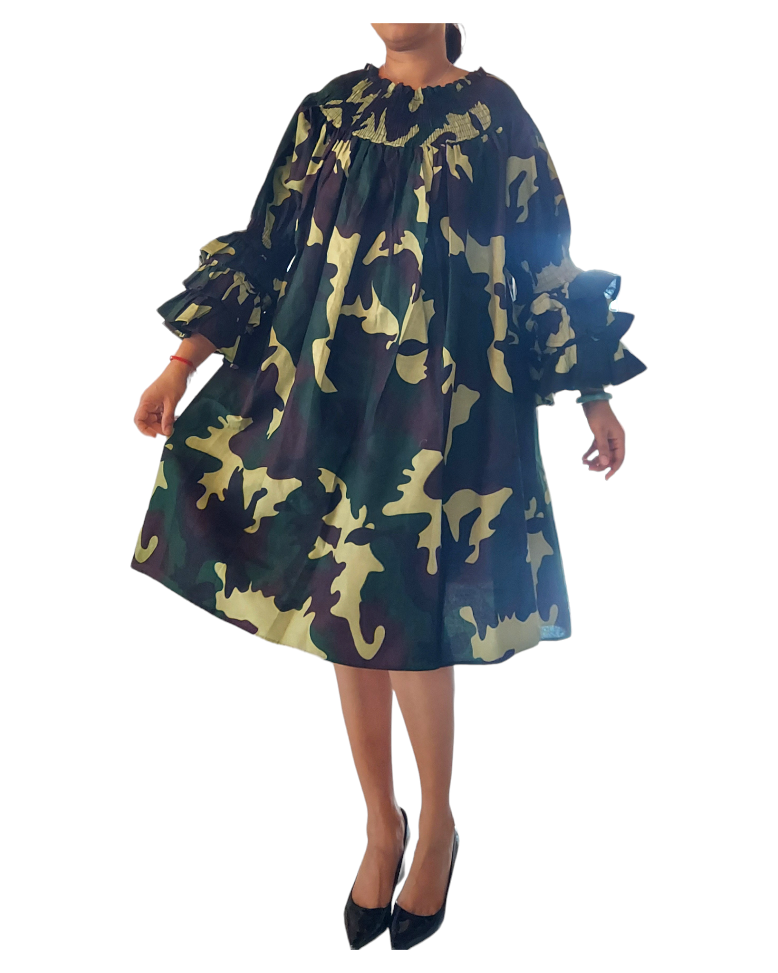 018- Women Middi Off Shoulder Dress - Green Camoflage