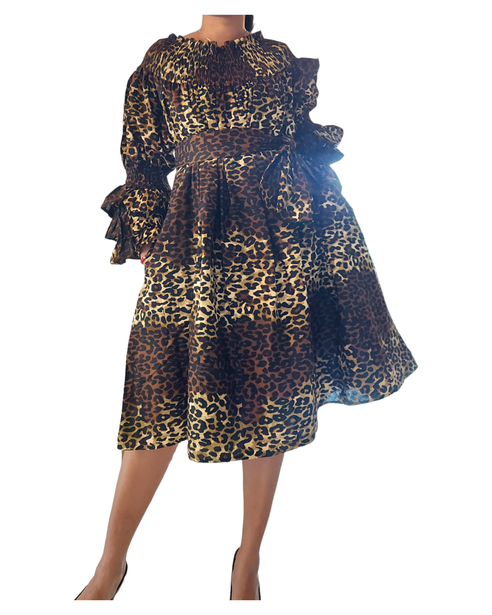 018- Women Middi Off Shoulder Dress - Brown Animal Print