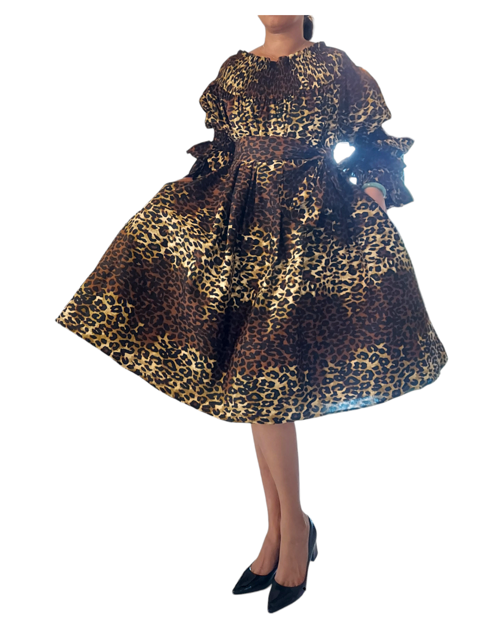 018- Women Middi Off Shoulder Dress - Brown Animal Print