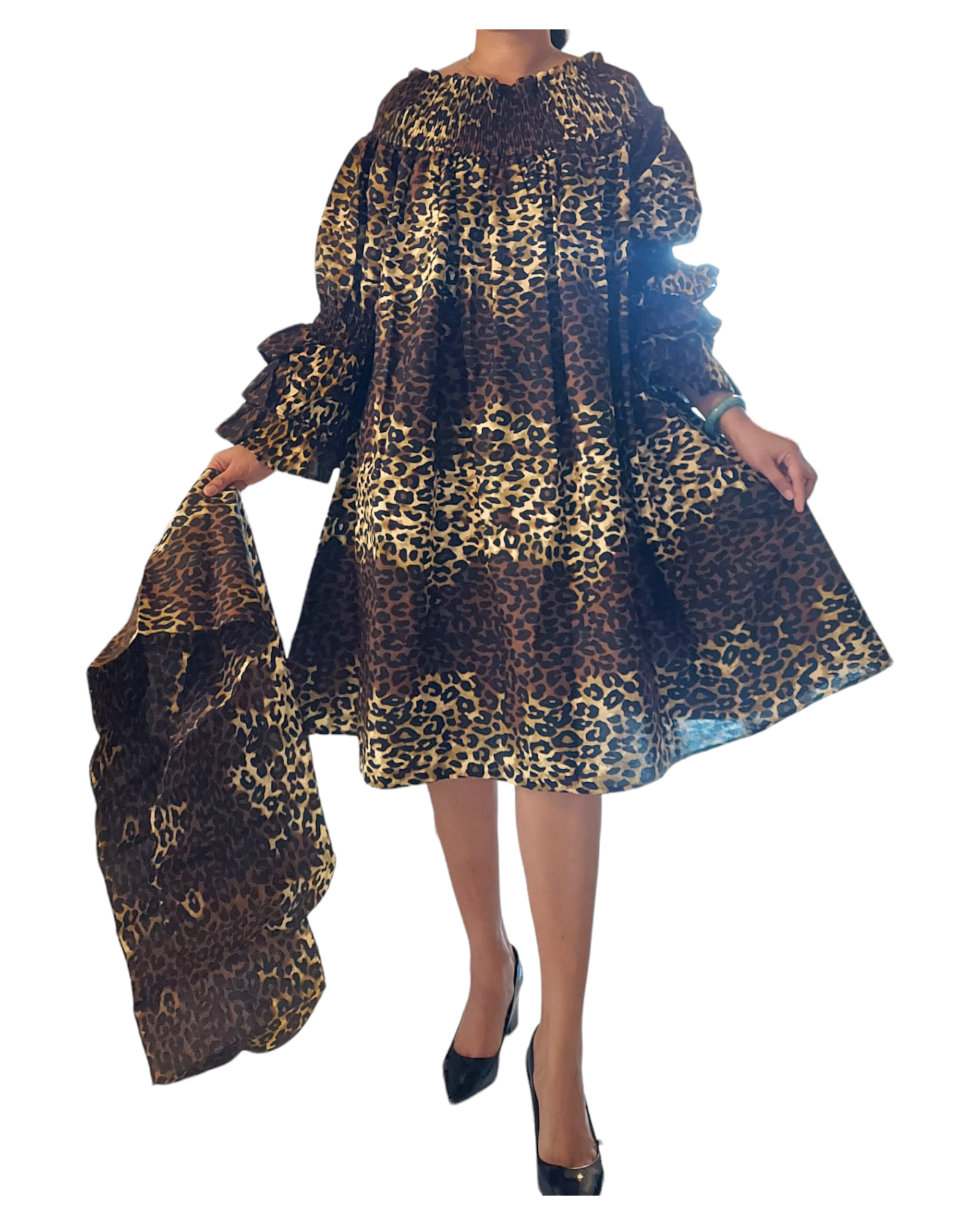 018- Women Middi Off Shoulder Dress - Brown Animal Print