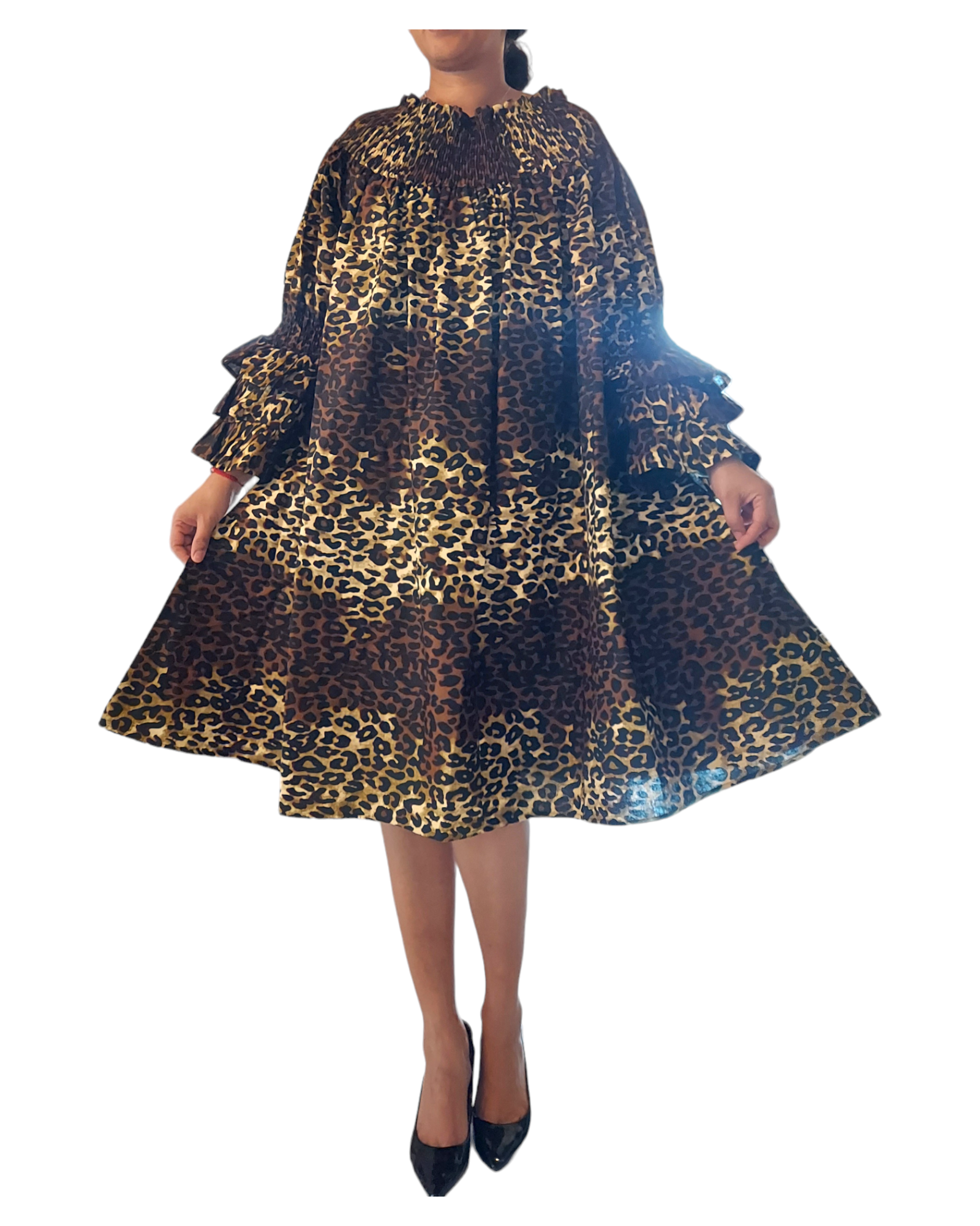 018- Women Middi Off Shoulder Dress - Brown Animal Print