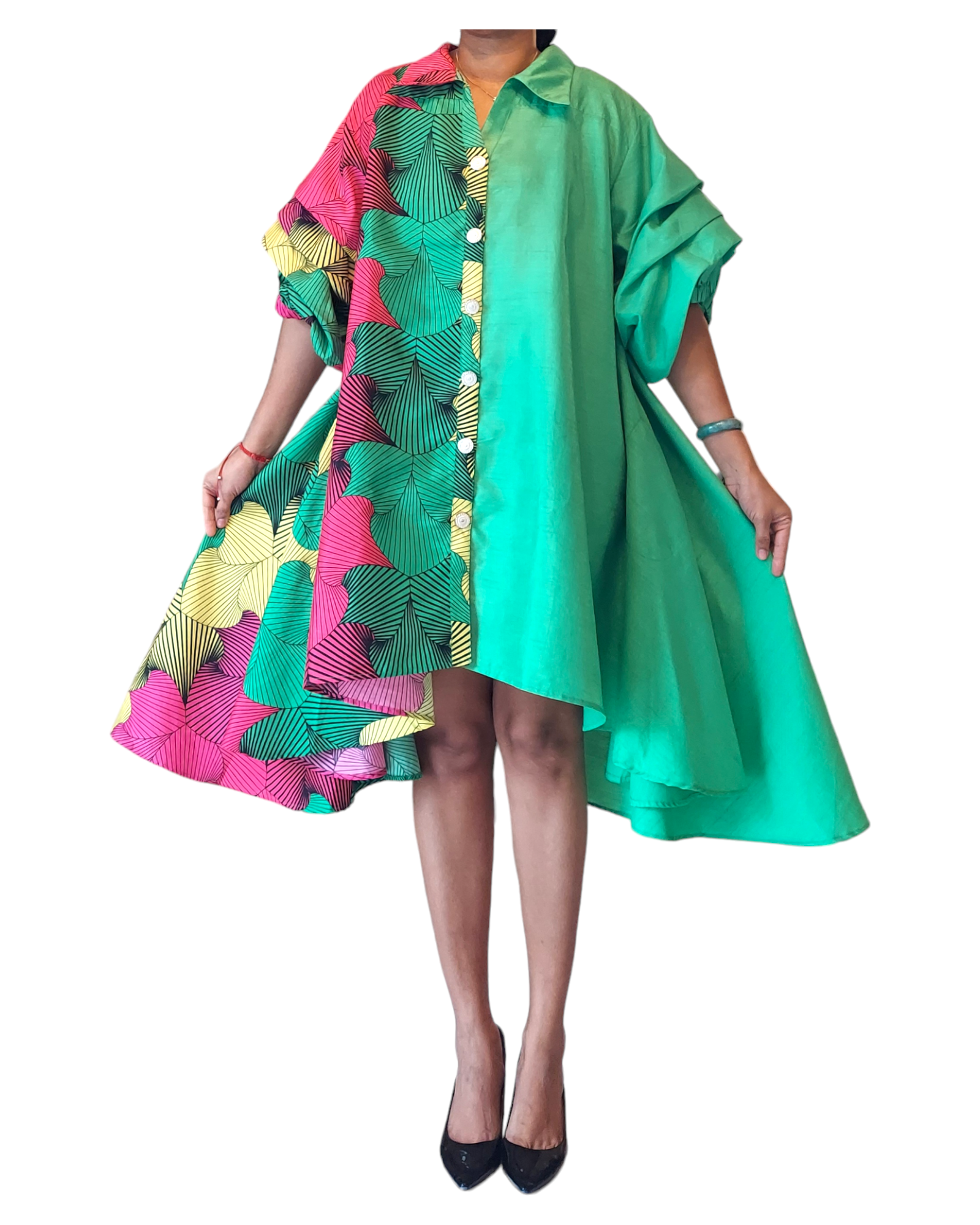 Swing Dress/ Faux Silk/ Ruffle Sleeve - Two Tone