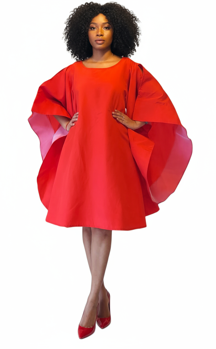 Wing Dress/Faux Silk/Poncho Dress/ Wing Sleeves-23032 Red