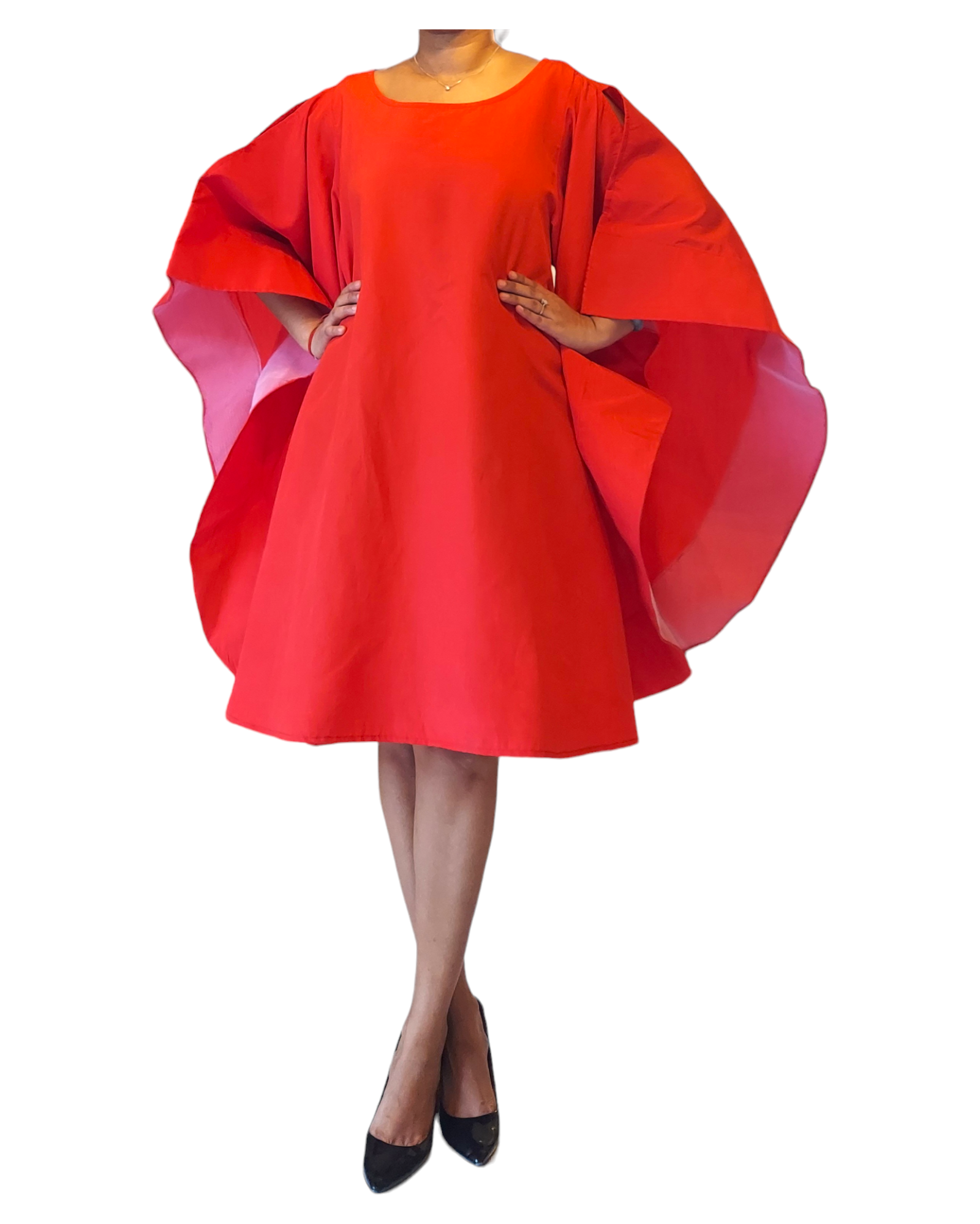 Wing Dress/Faux Silk/Poncho Dress/ Wing Sleeves-23032 Red