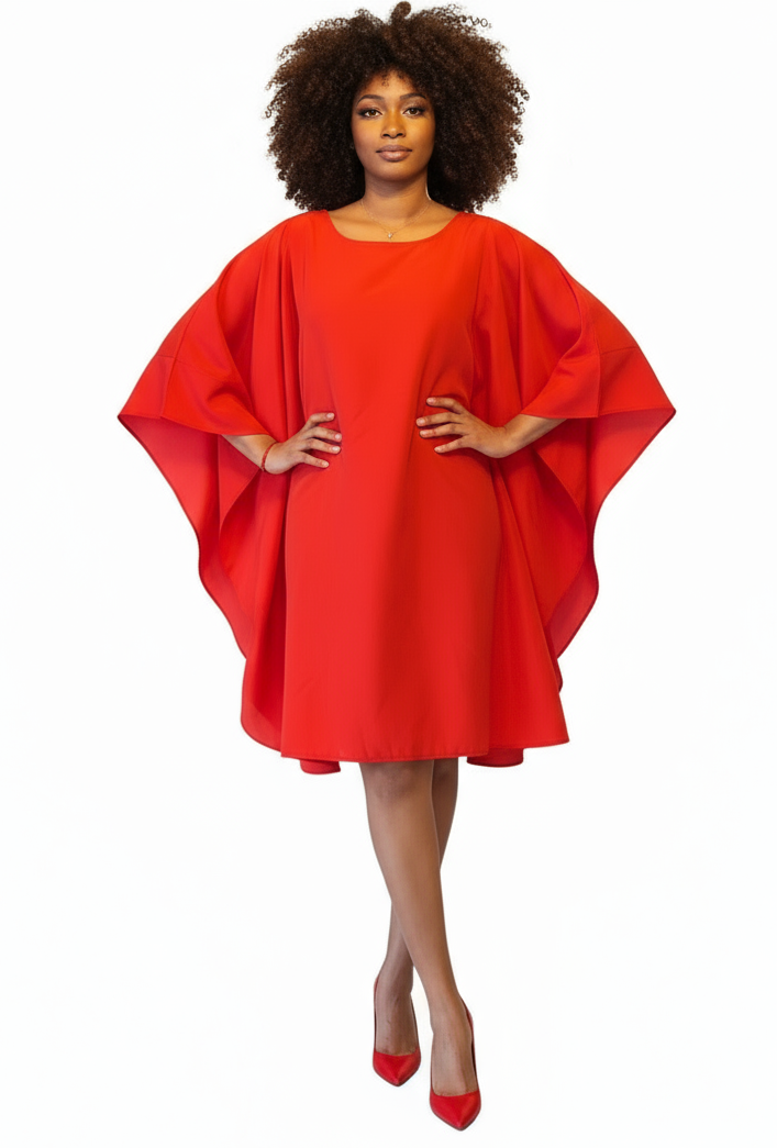 Wing Dress/Faux Silk/Poncho Dress/ Wing Sleeves-23032 Red
