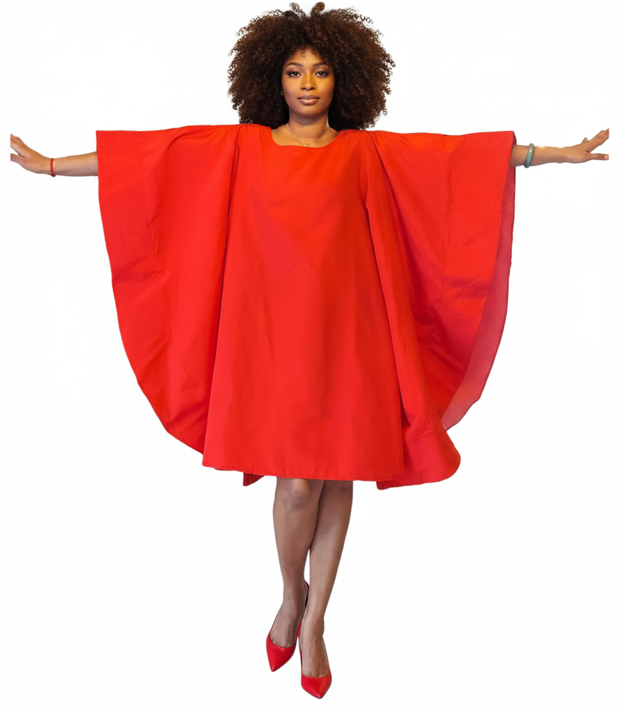 Wing Dress/Faux Silk/Poncho Dress/ Wing Sleeves-23032 Red