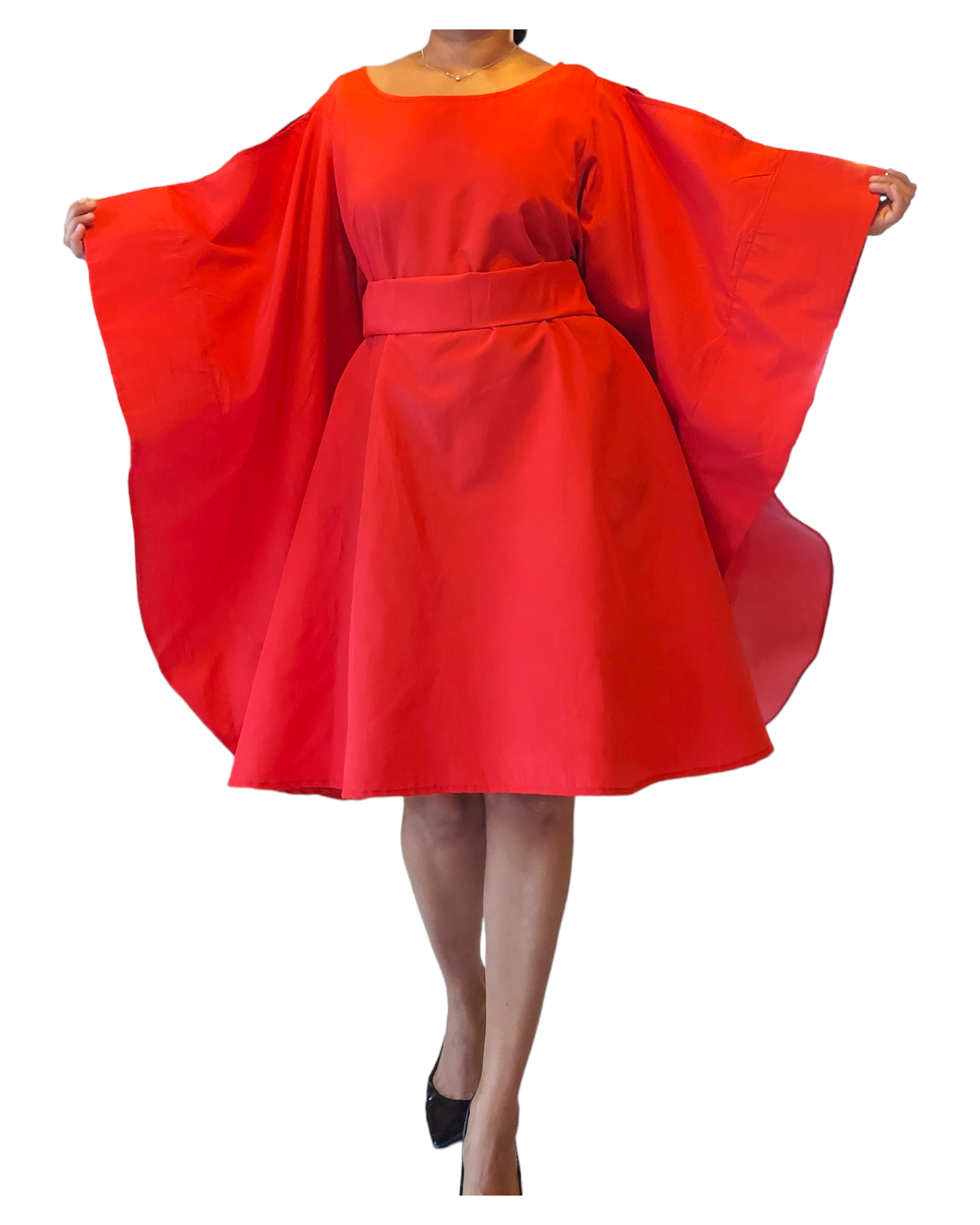 Wing Dress/Faux Silk/Poncho Dress/ Wing Sleeves-23032 Red