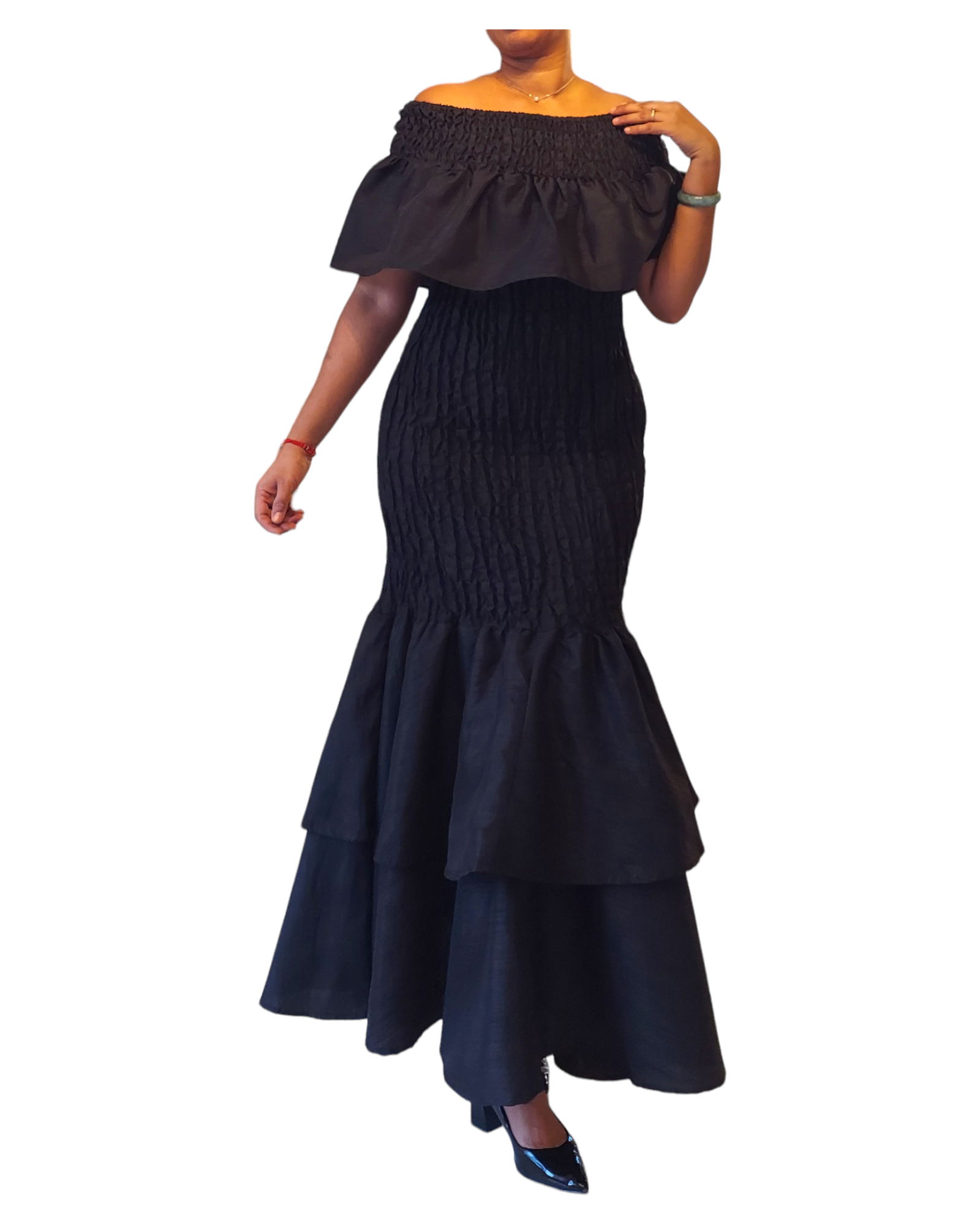 Faux Silk Smock Mermaid Dress - Black