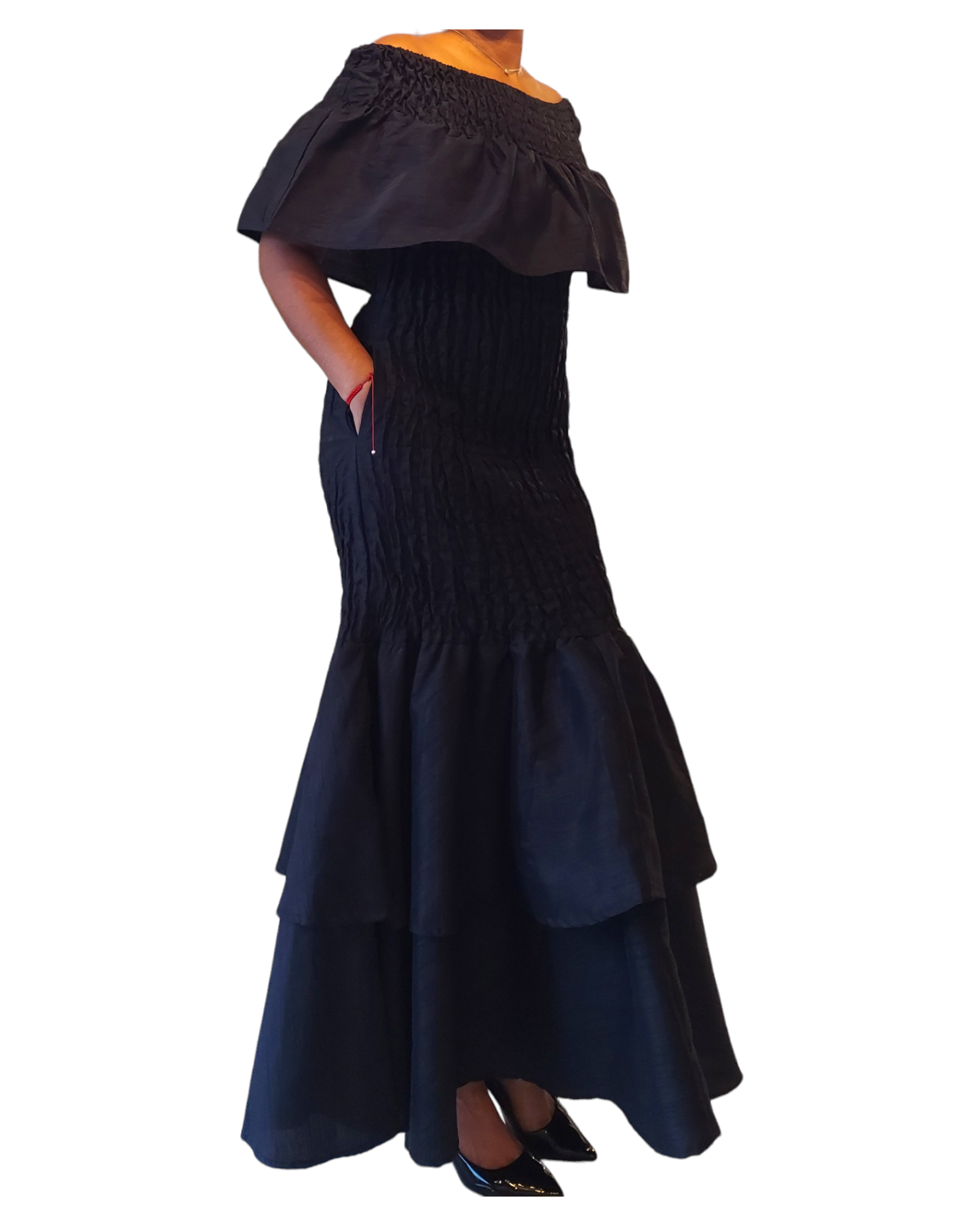 2289 Faux Silk Smock Mermaid Dress - Black