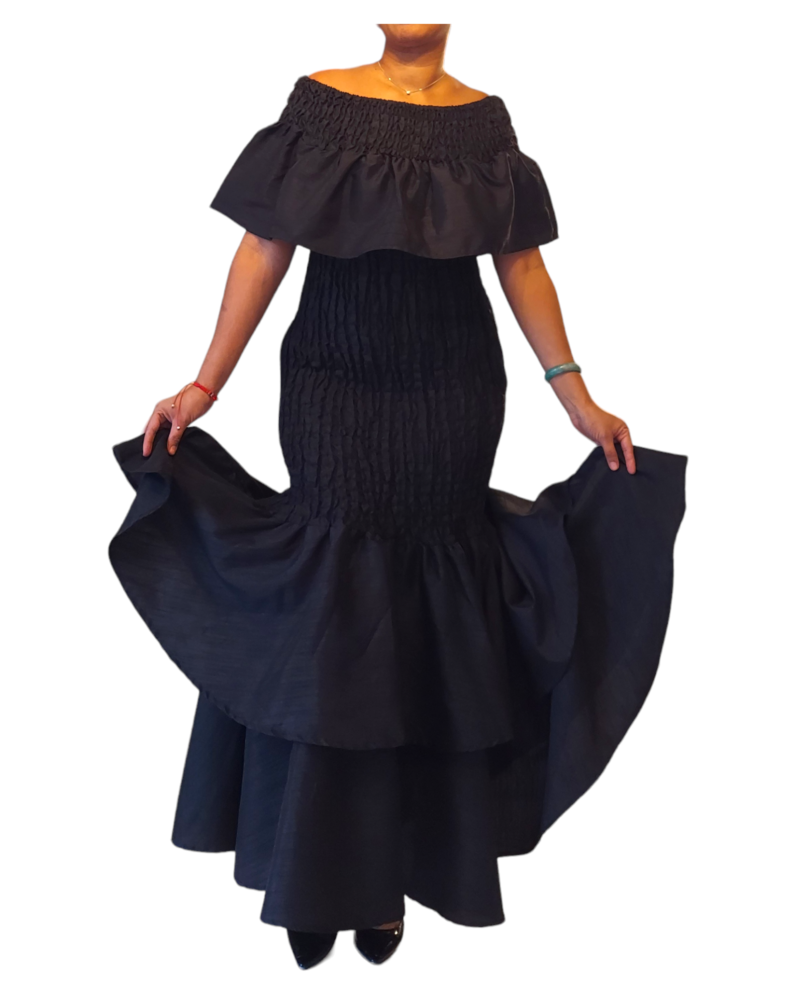 Faux Silk Smock Mermaid Dress - Black