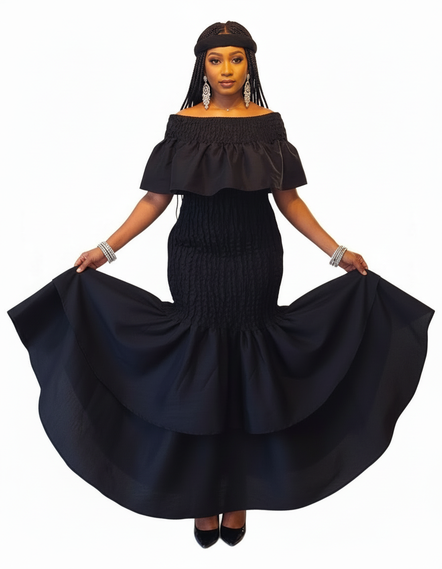 2289 Faux Silk Smock Mermaid Dress - Black