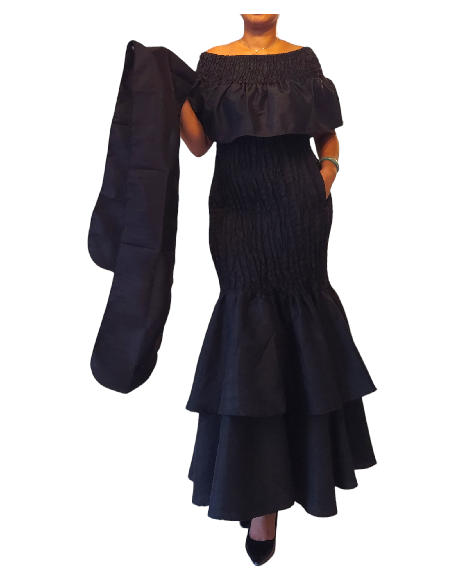 Faux Silk Smock Mermaid Dress - Black