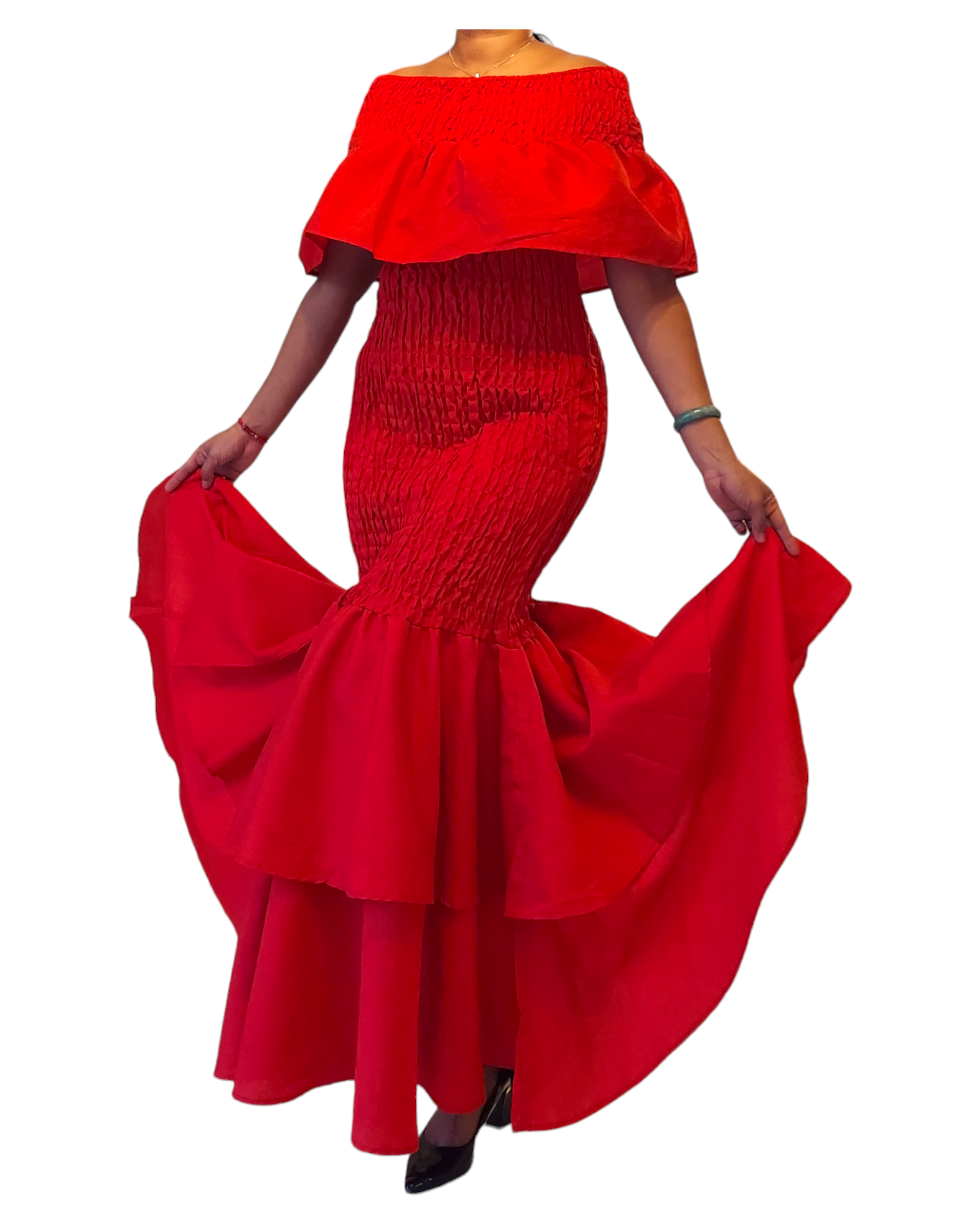 2289 Faux Silk Smock Mermaid Dress - Red