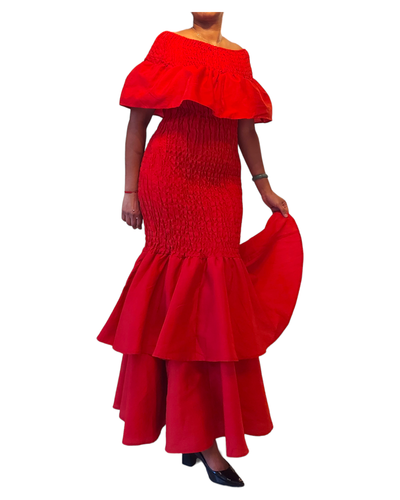 2289 Faux Silk Smock Mermaid Dress - Red