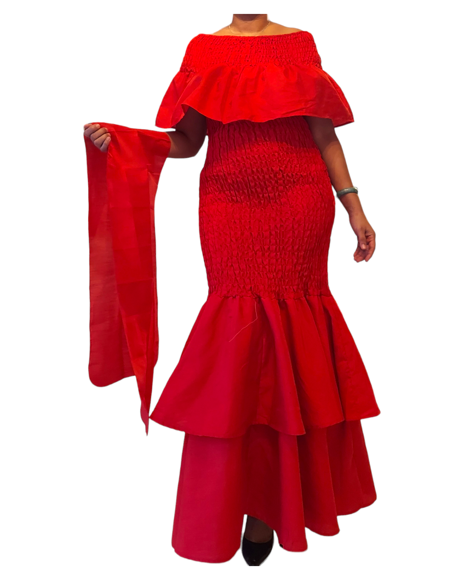 Faux Silk Smock Mermaid Dress - Red