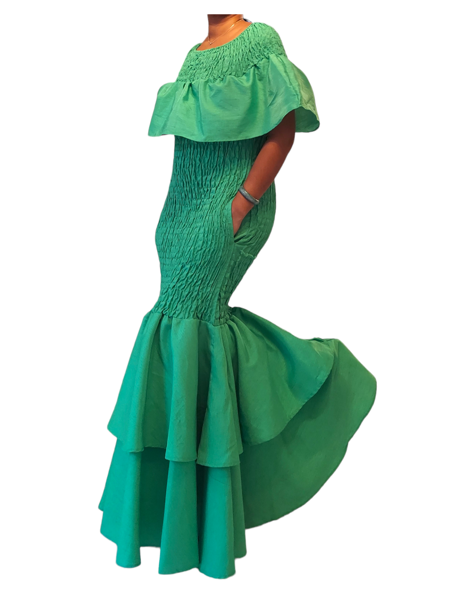 Faux Silk Smock Mermaid Dress - Green