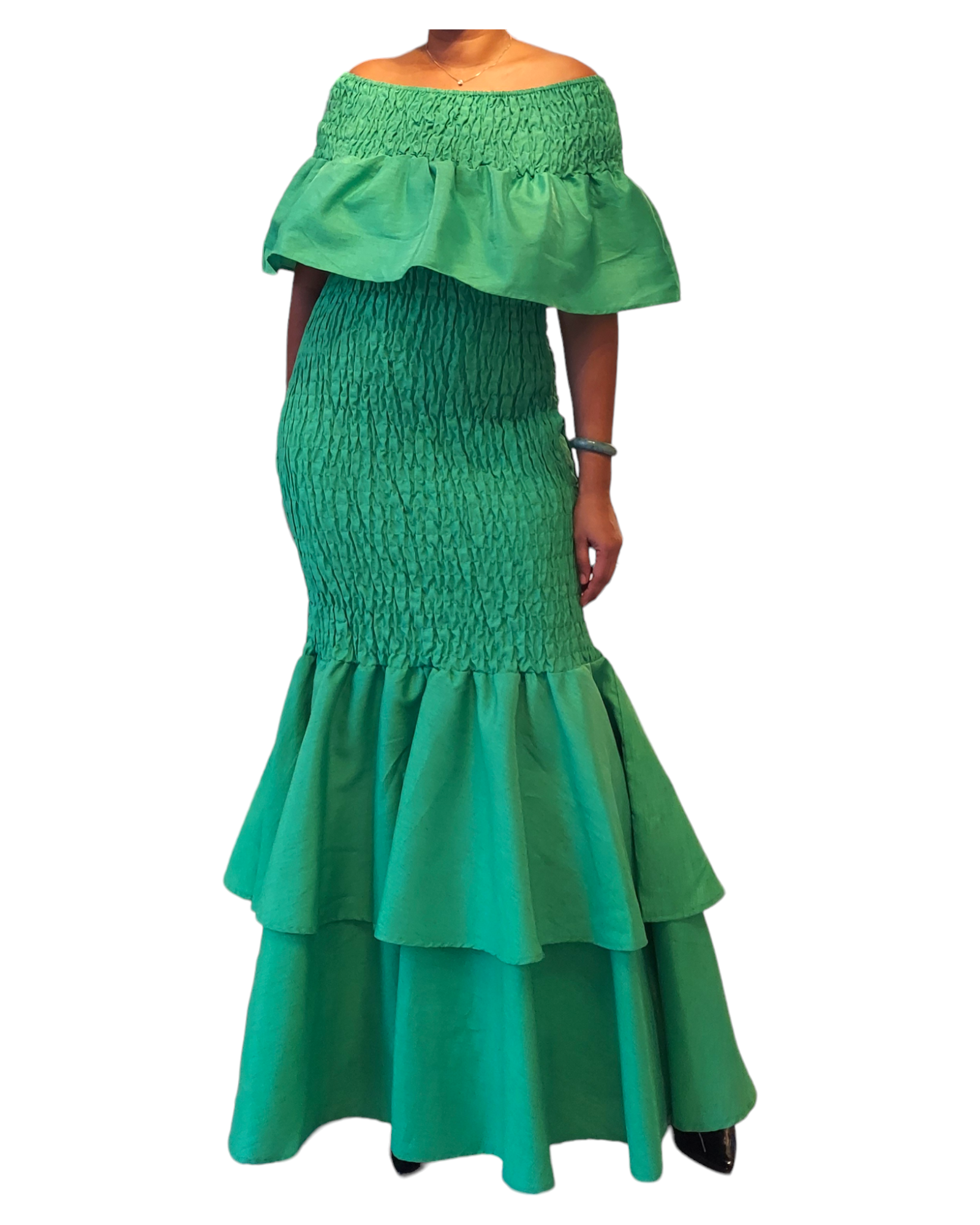 Faux Silk Smock Mermaid Dress - Green