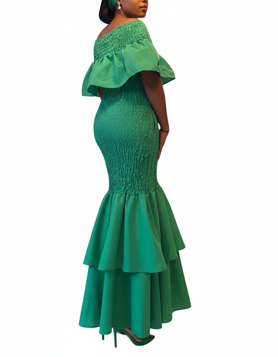 2289 Faux Silk Smock Mermaid Dress - Green