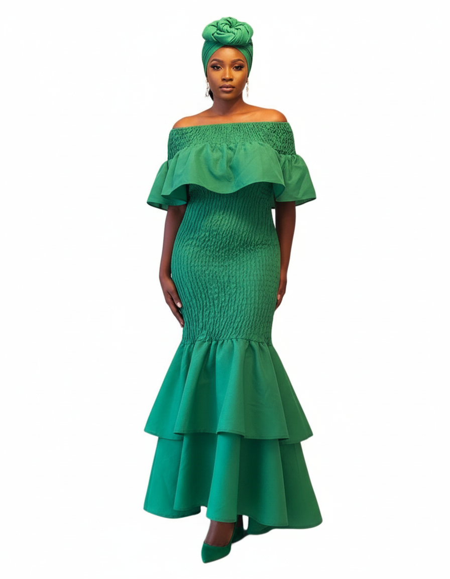 2289 Faux Silk Smock Mermaid Dress - Green