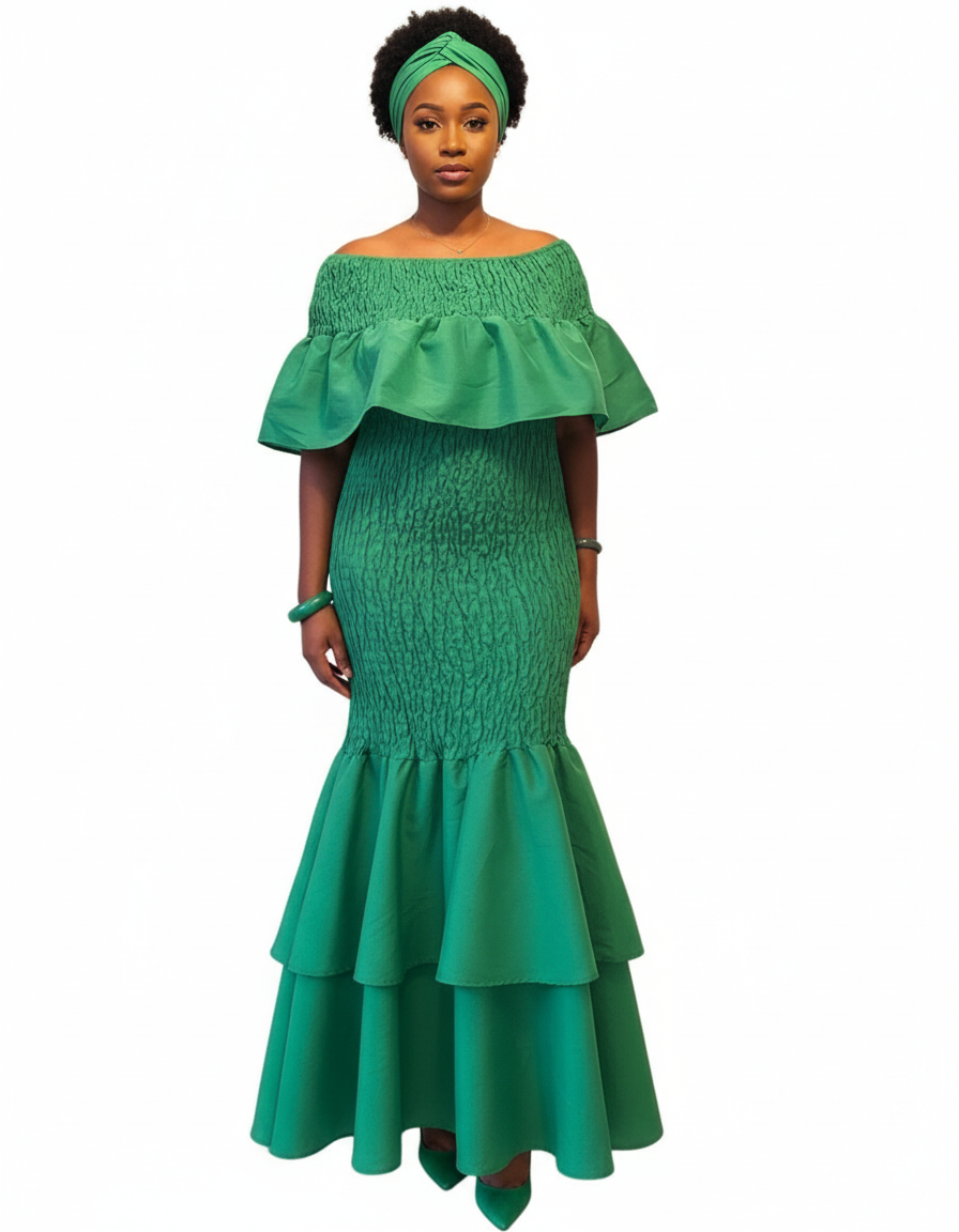 2289 Faux Silk Smock Mermaid Dress - Green