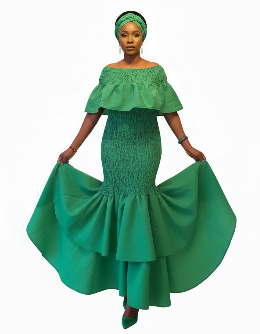 2289 Faux Silk Smock Mermaid Dress - Green