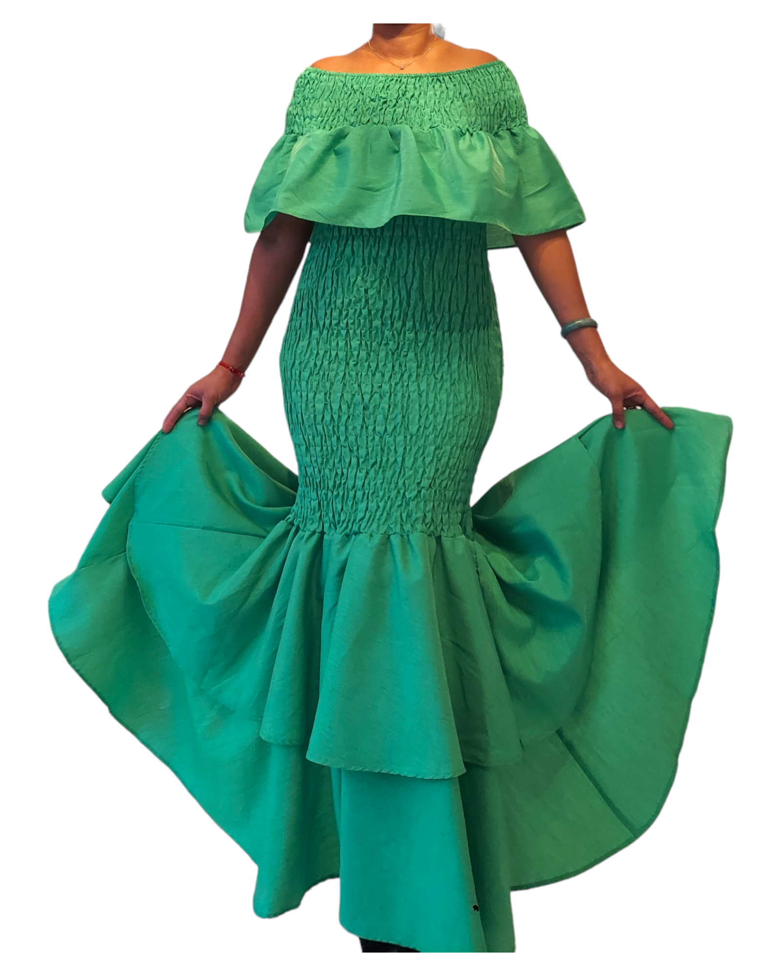 2289 Faux Silk Smock Mermaid Dress - Green