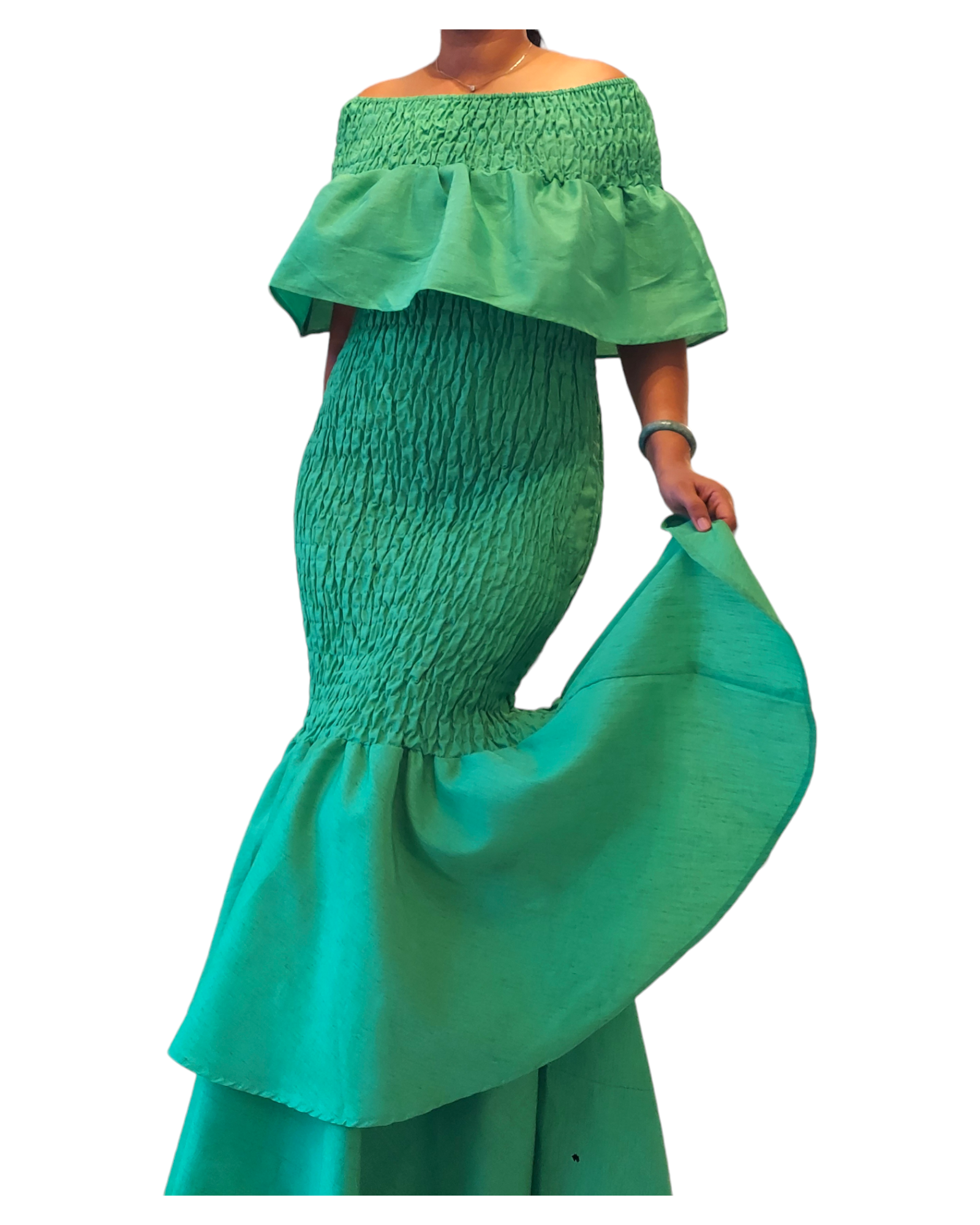 Faux Silk Smock Mermaid Dress - Green