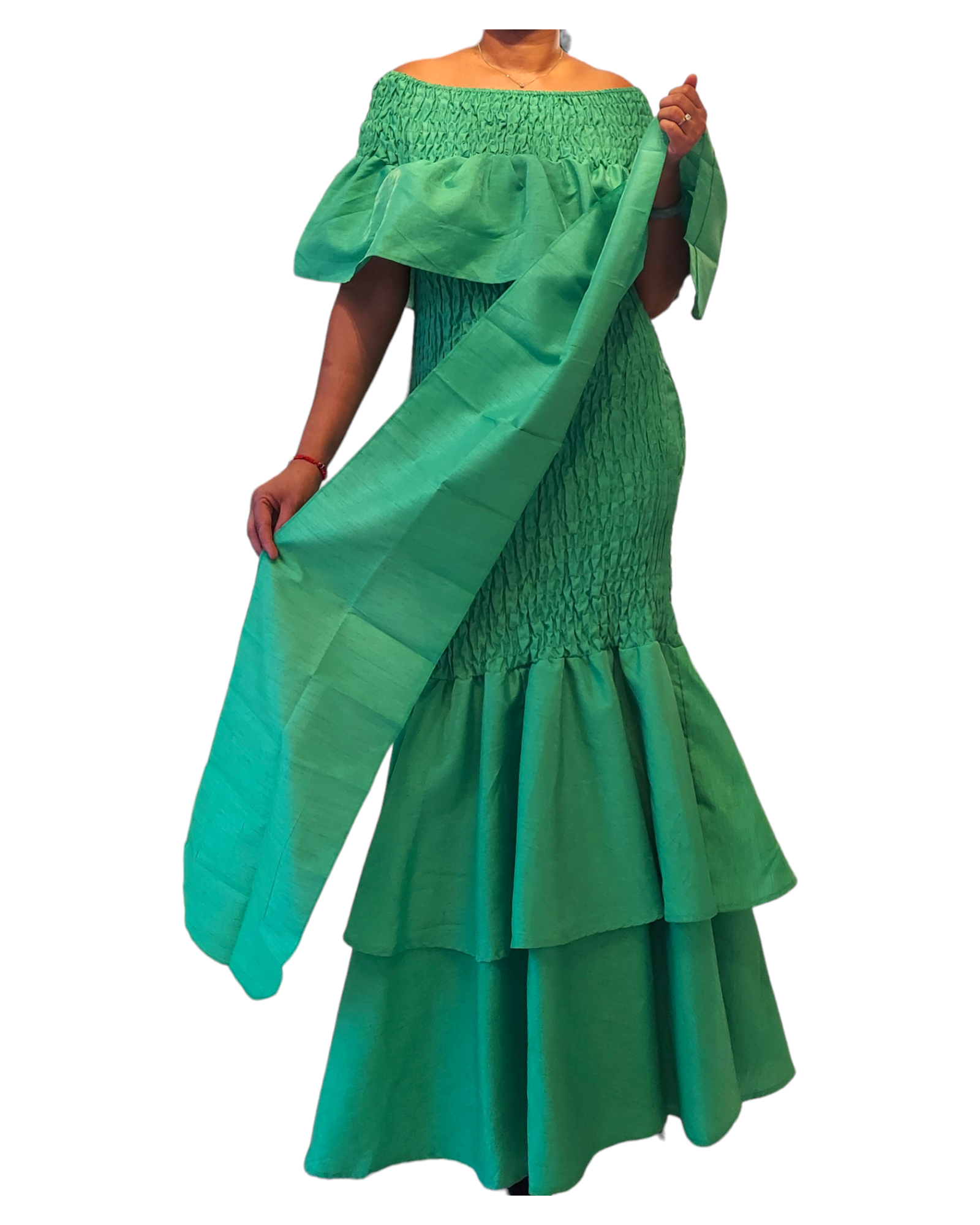 Faux Silk Smock Mermaid Dress - Green