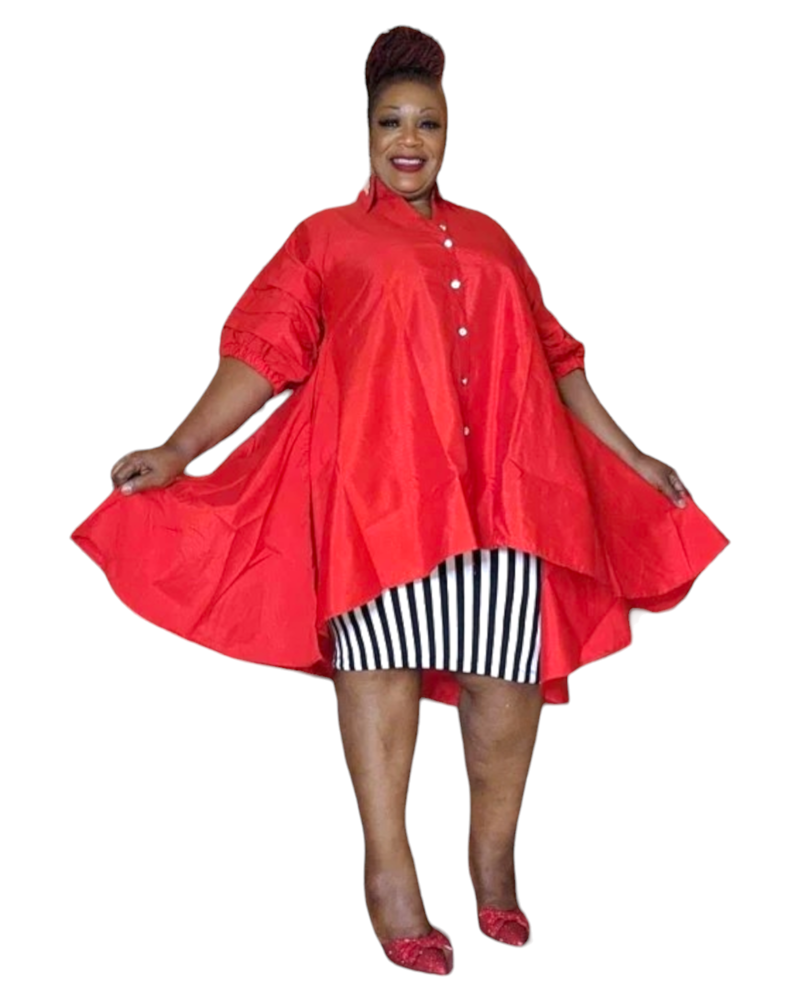 Swing Dress/ Faux Silk/ Ruffle Sleeve - Red