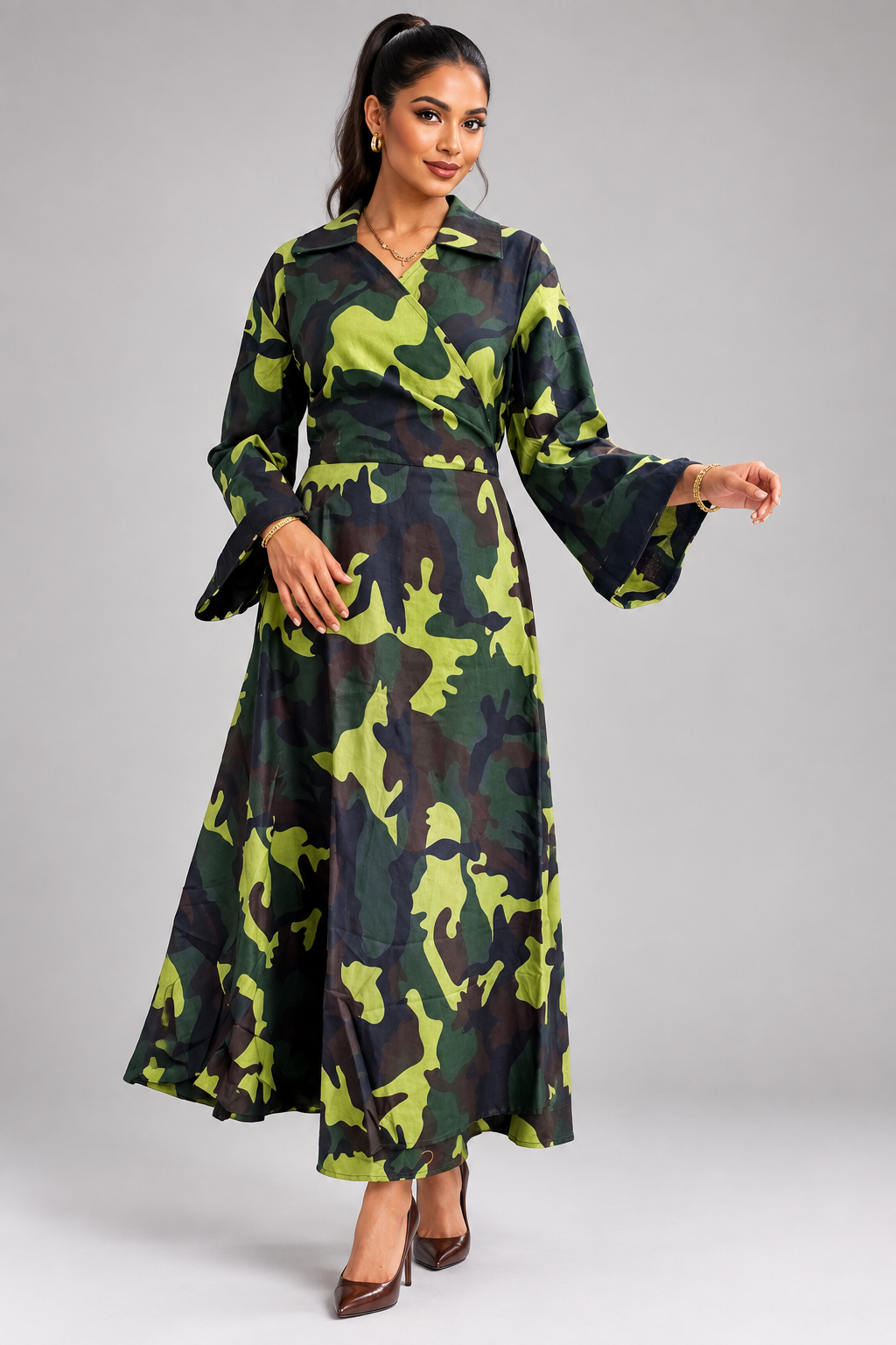 Cotton Wrap Dress 8007 Green Camouflage