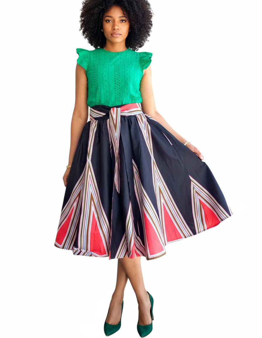 7012- Women Mid  Length Flared Skirt-Black / Red