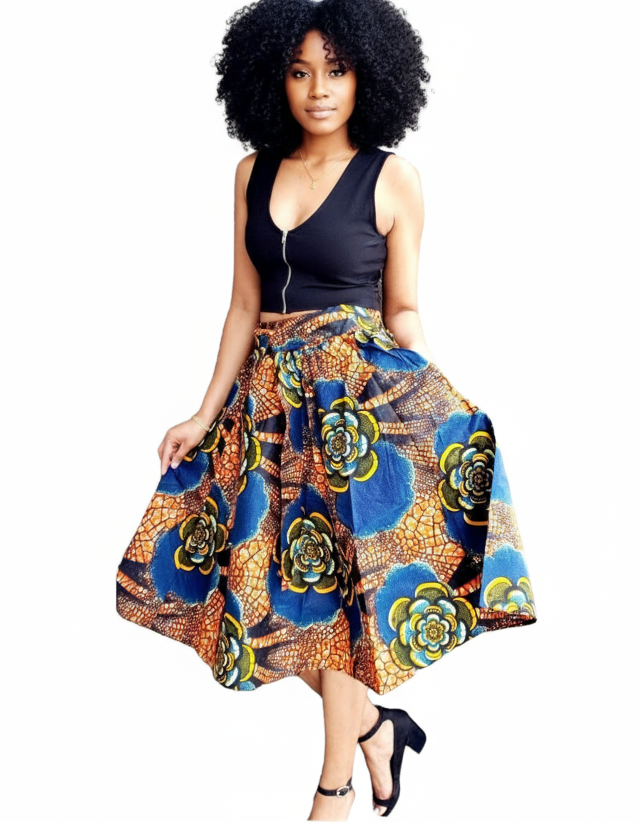 #7012- Women Mid  Length Flared Skirt-Blue/Orange