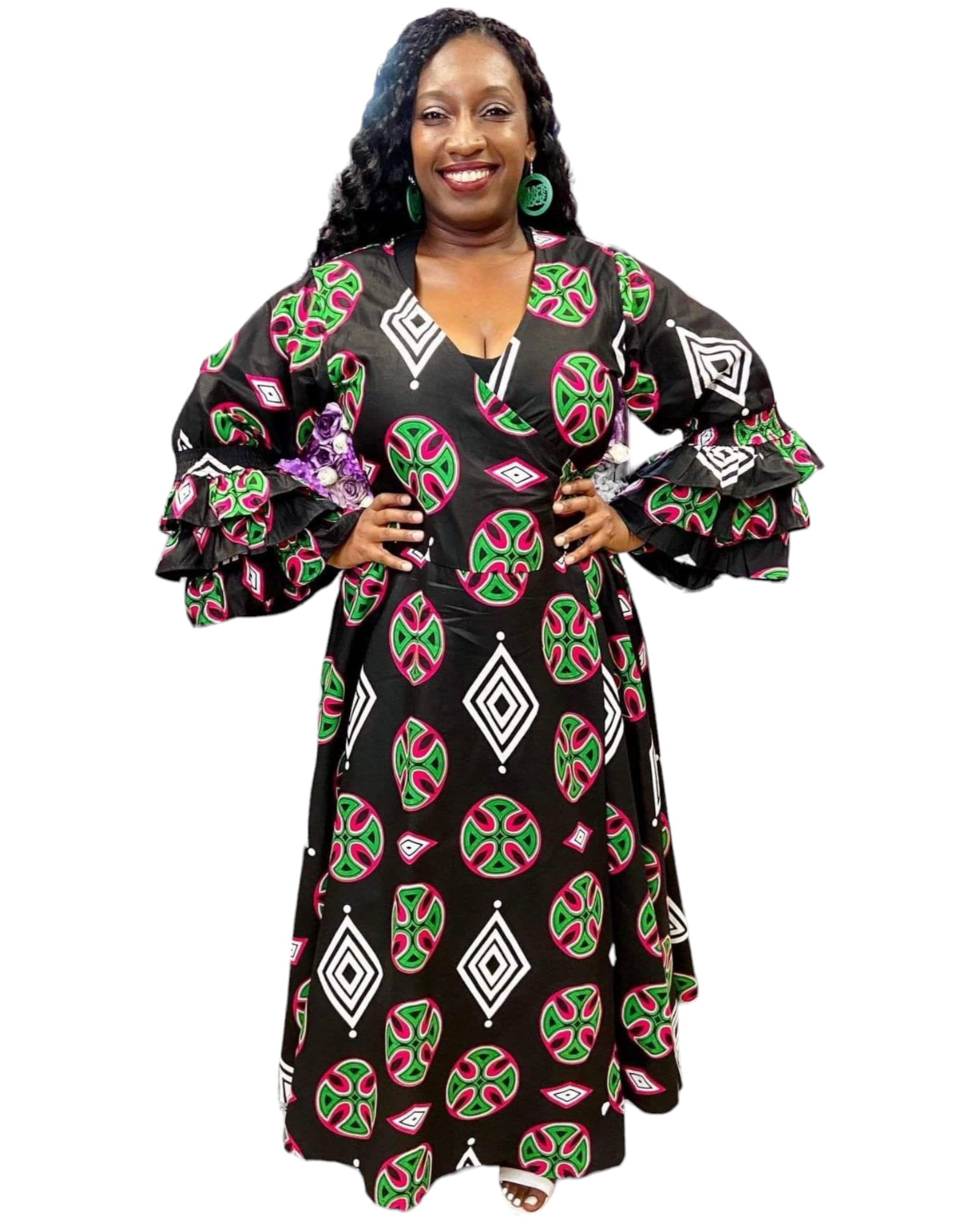 70-Woman's Long African Print Wrap Dress- Black