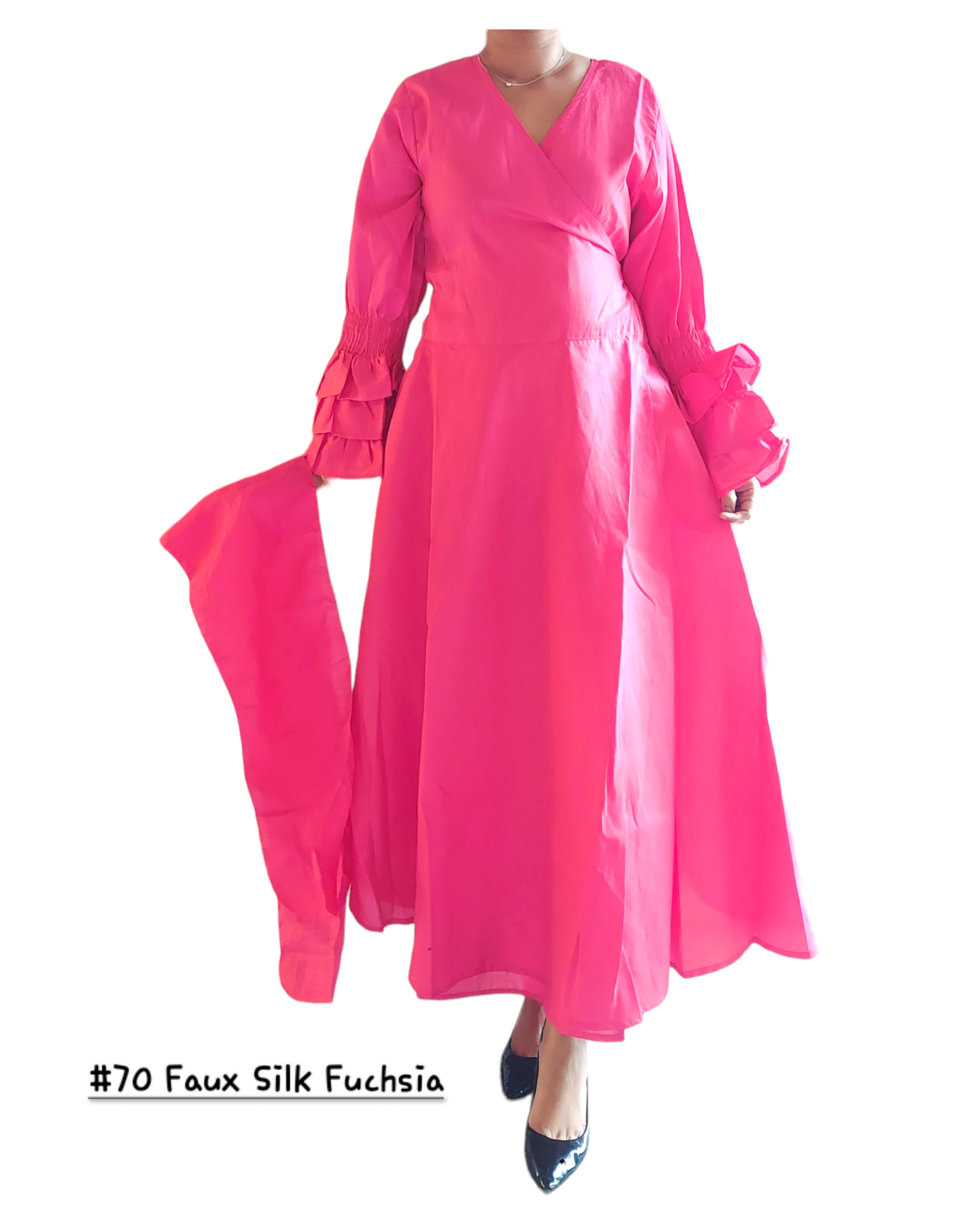 Faux Silk Wrap Dress With Long Ruffle Sleeves-Fuchsia