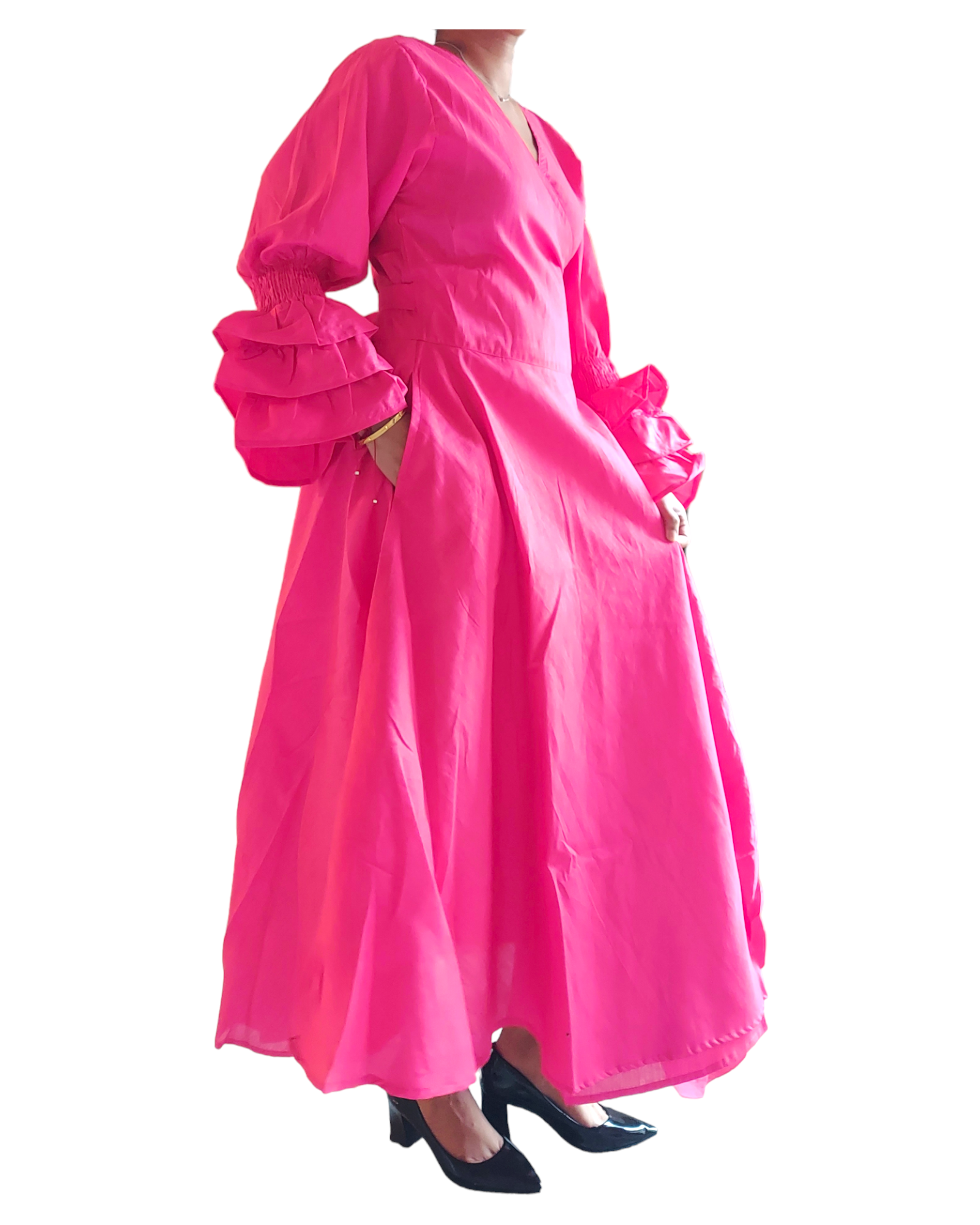 Faux Silk Wrap Dress With Long Ruffle Sleeves-Fuchsia