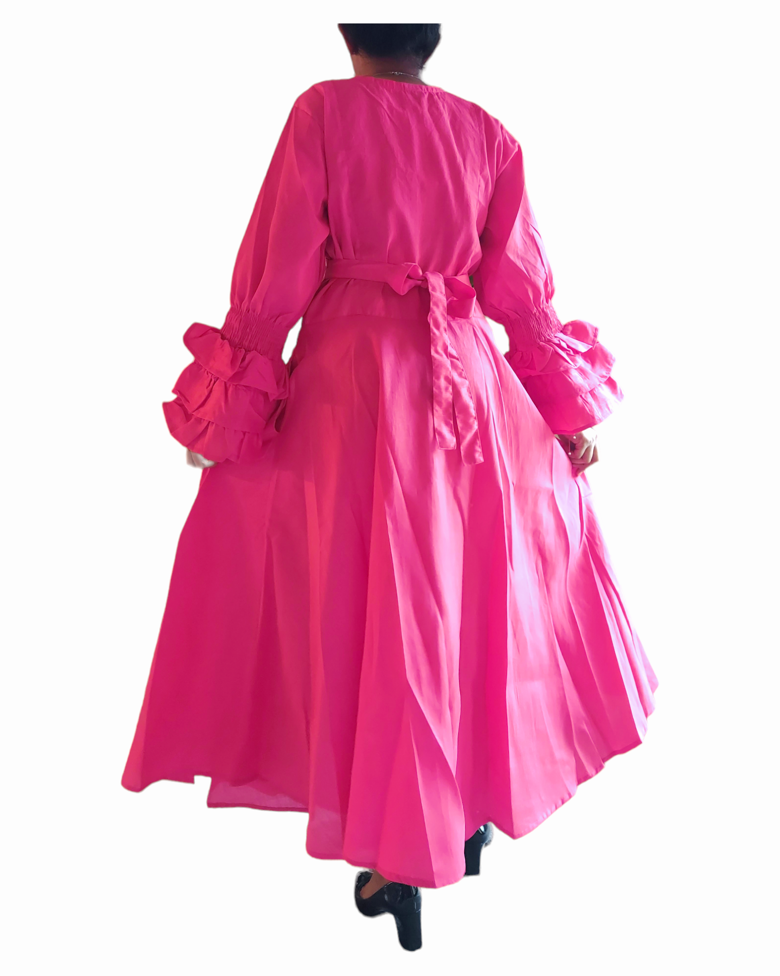 Faux Silk Wrap Dress With Long Ruffle Sleeves-Fuchsia