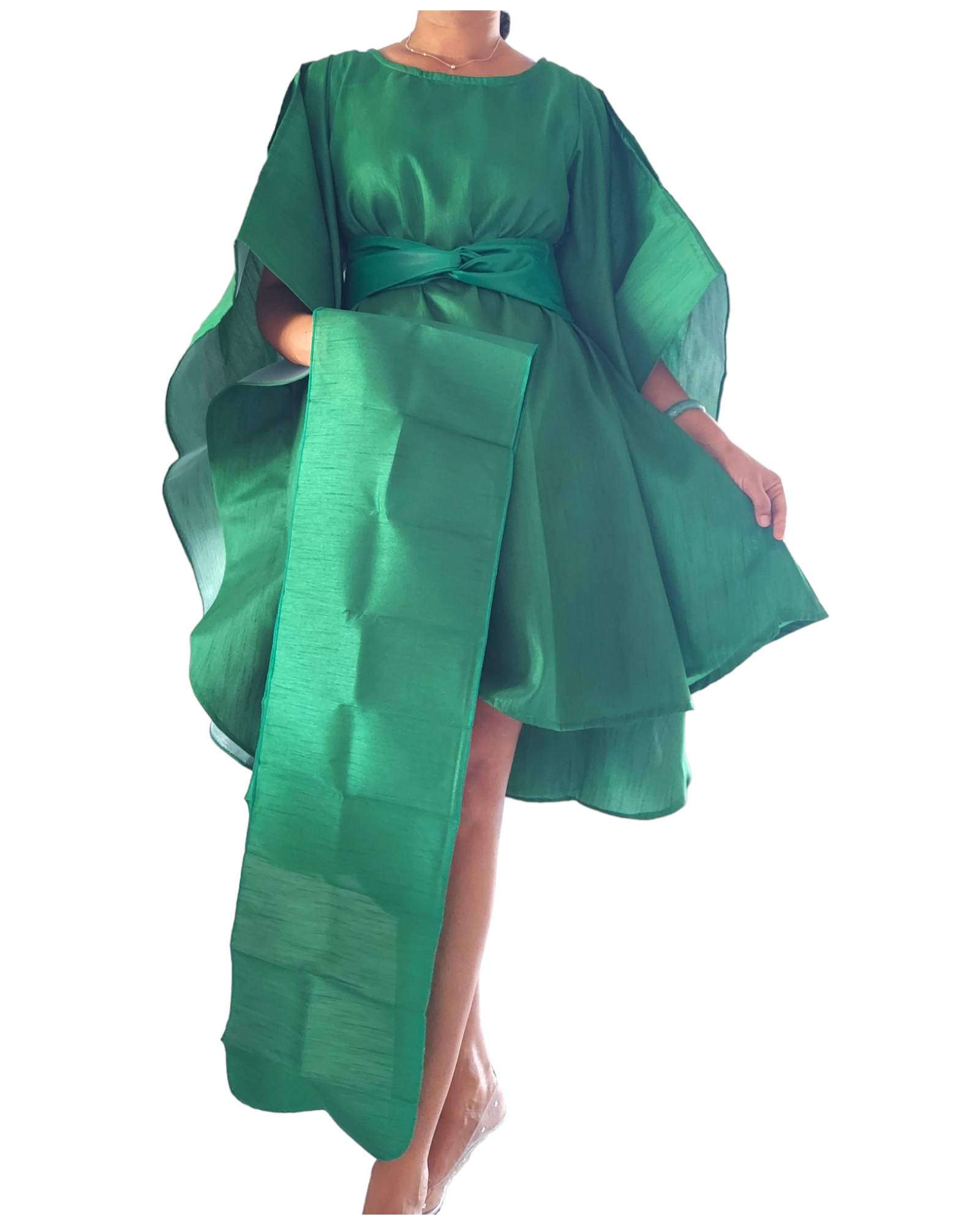 Faux Silk Wing Dress/Poncho Dress/ Wing Sleeves-Green