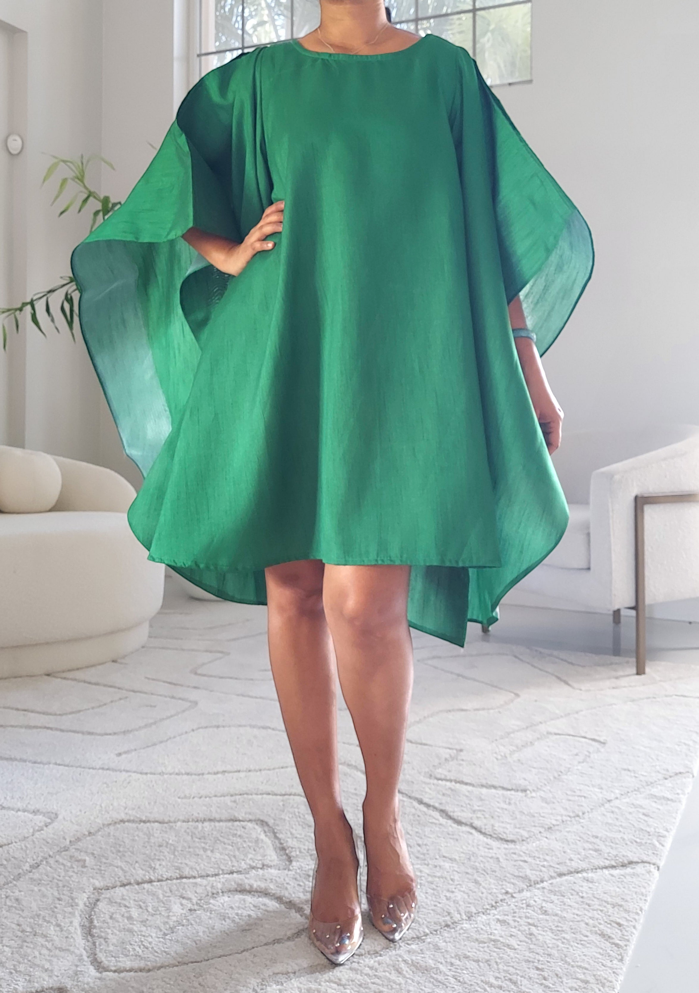 Wing Dress/Faux Silk/Poncho Dress/ Wing Sleeves-25032 Green