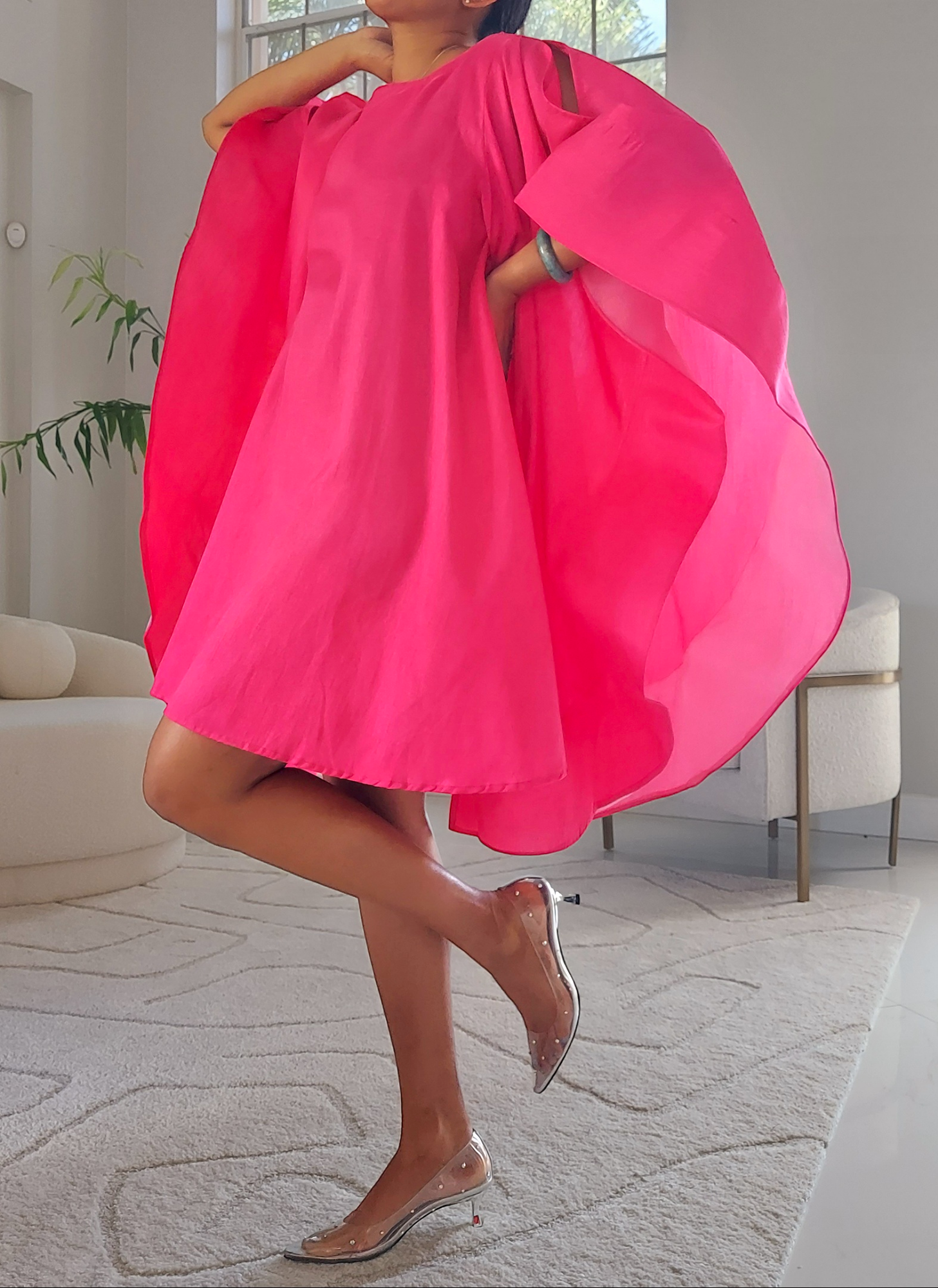 Faux Silk Wing Dress/Poncho Dress/ Wing Sleeves-Fuchsia