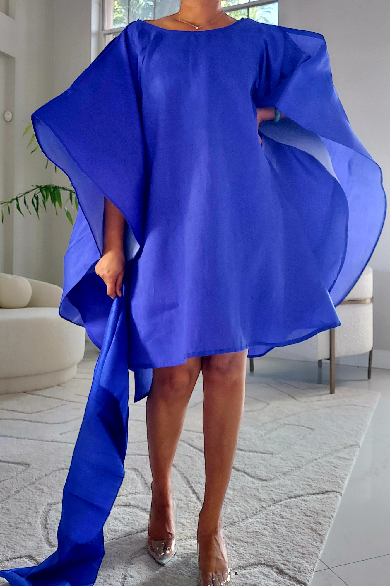 Faux Silk Wing Dress/Poncho Dress/ Wing Sleeves-Royal Blue